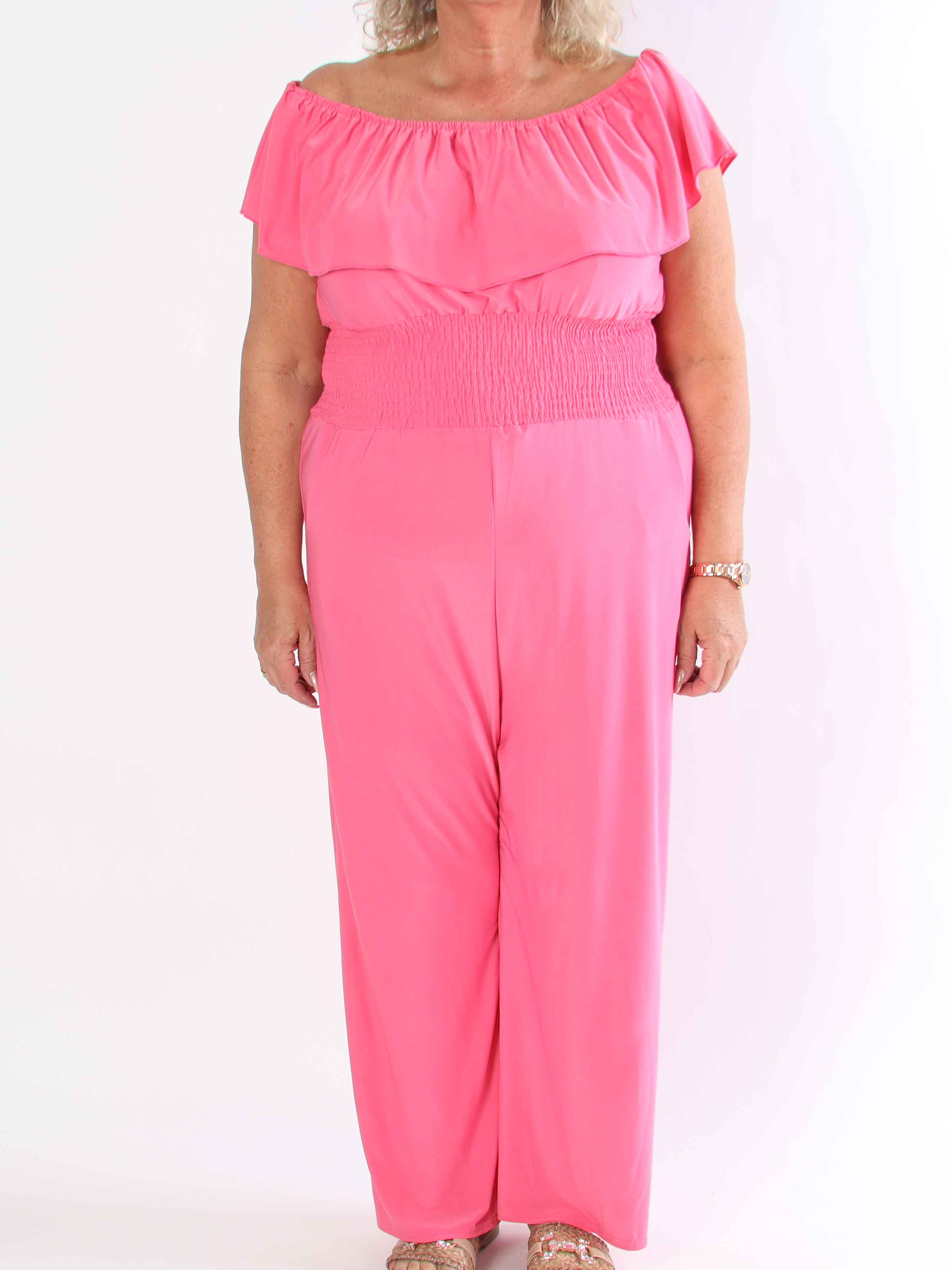 Pams Plain Frill Jumpsuit - Elastisk plus size buksedragt med smock og flæse