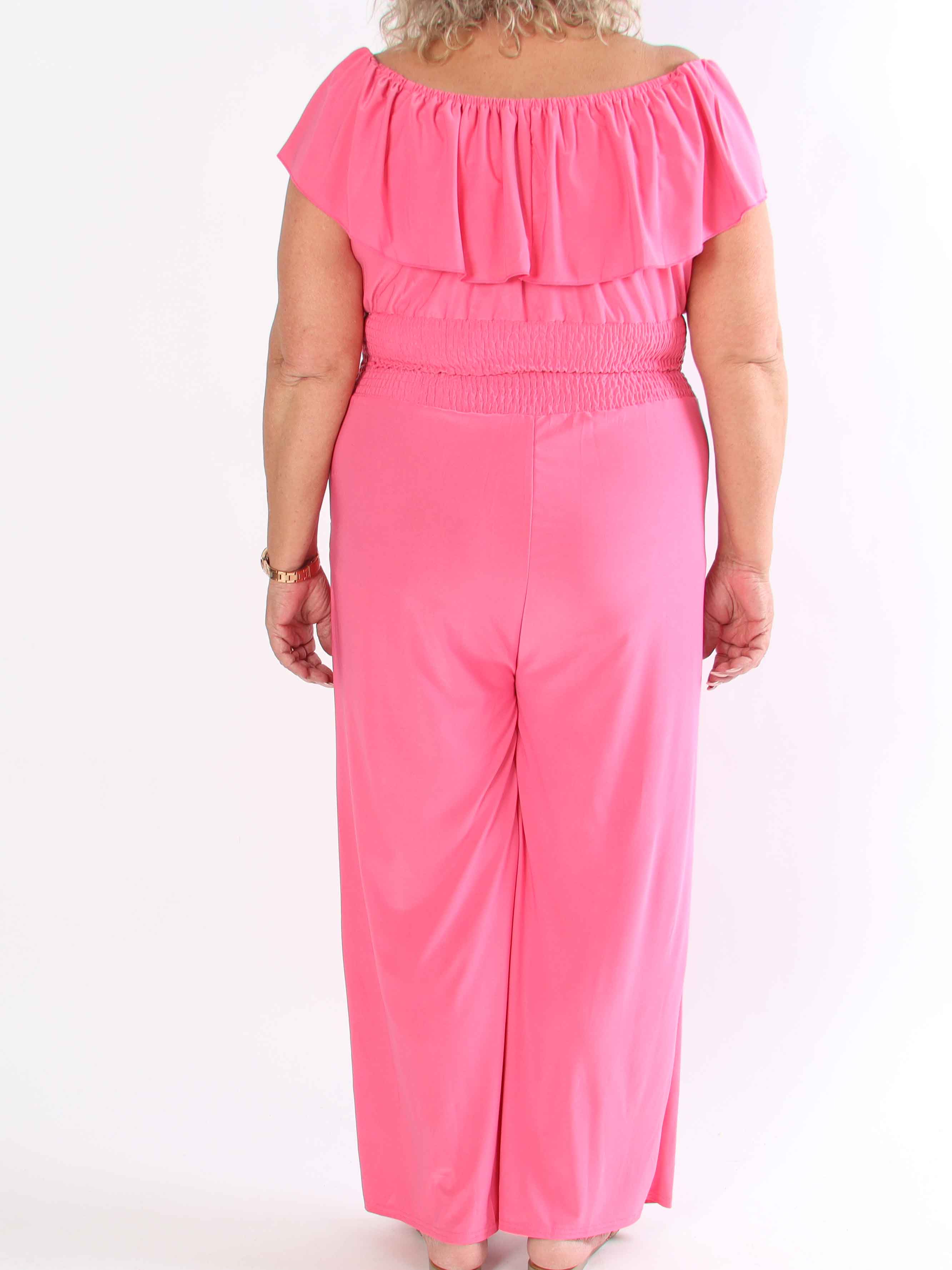 Pams Plain Frill Jumpsuit - Elastisk plus size buksedragt med smock og flæse
