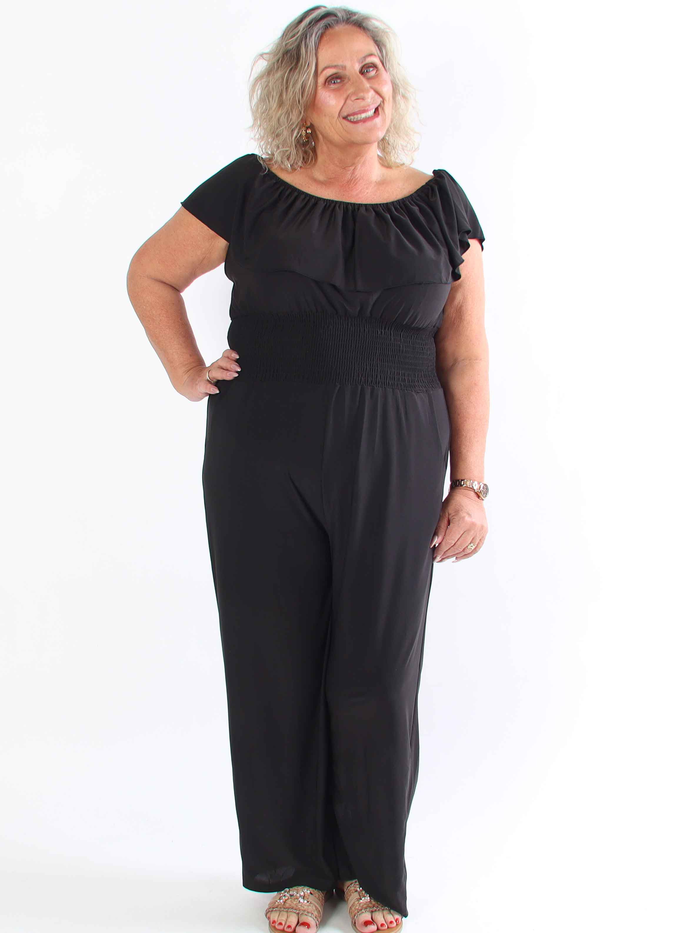 Pams Plain Frill Jumpsuit - Elastisk plus size buksedragt med smock og flæse