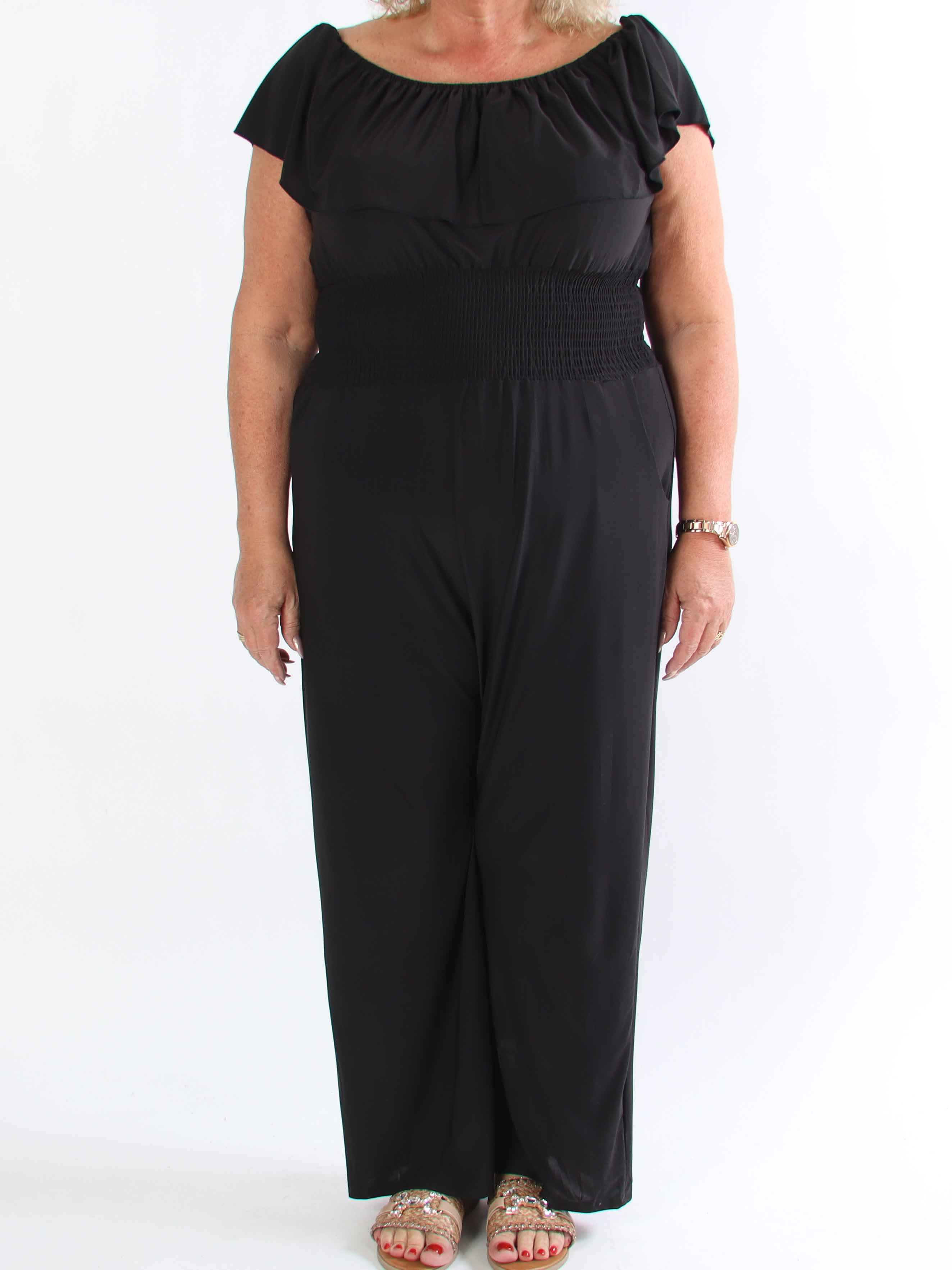 Pams Plain Frill Jumpsuit - Elastisk plus size buksedragt med smock og flæse