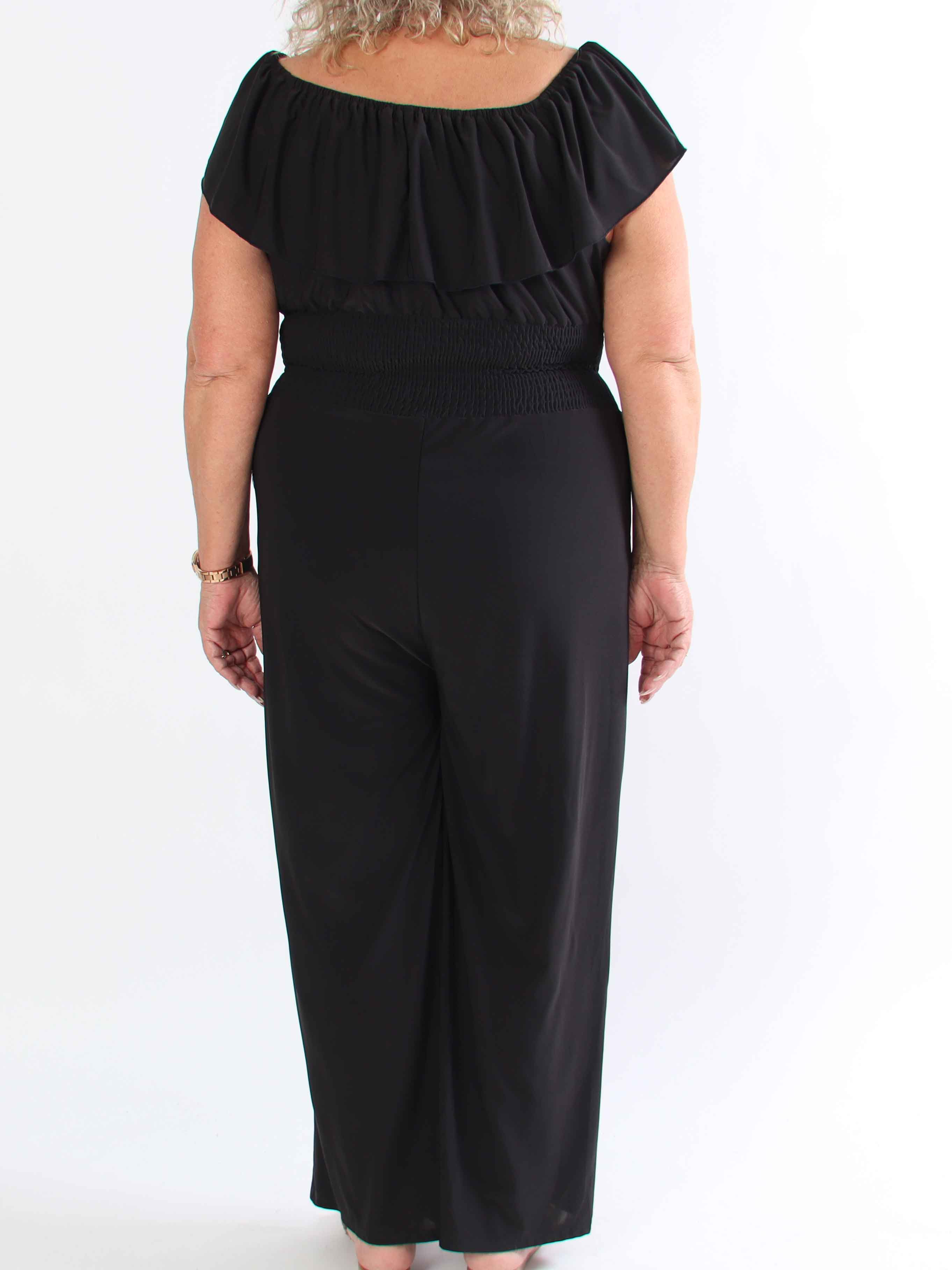 Pams Plain Frill Jumpsuit - Elastisk plus size buksedragt med smock og flæse