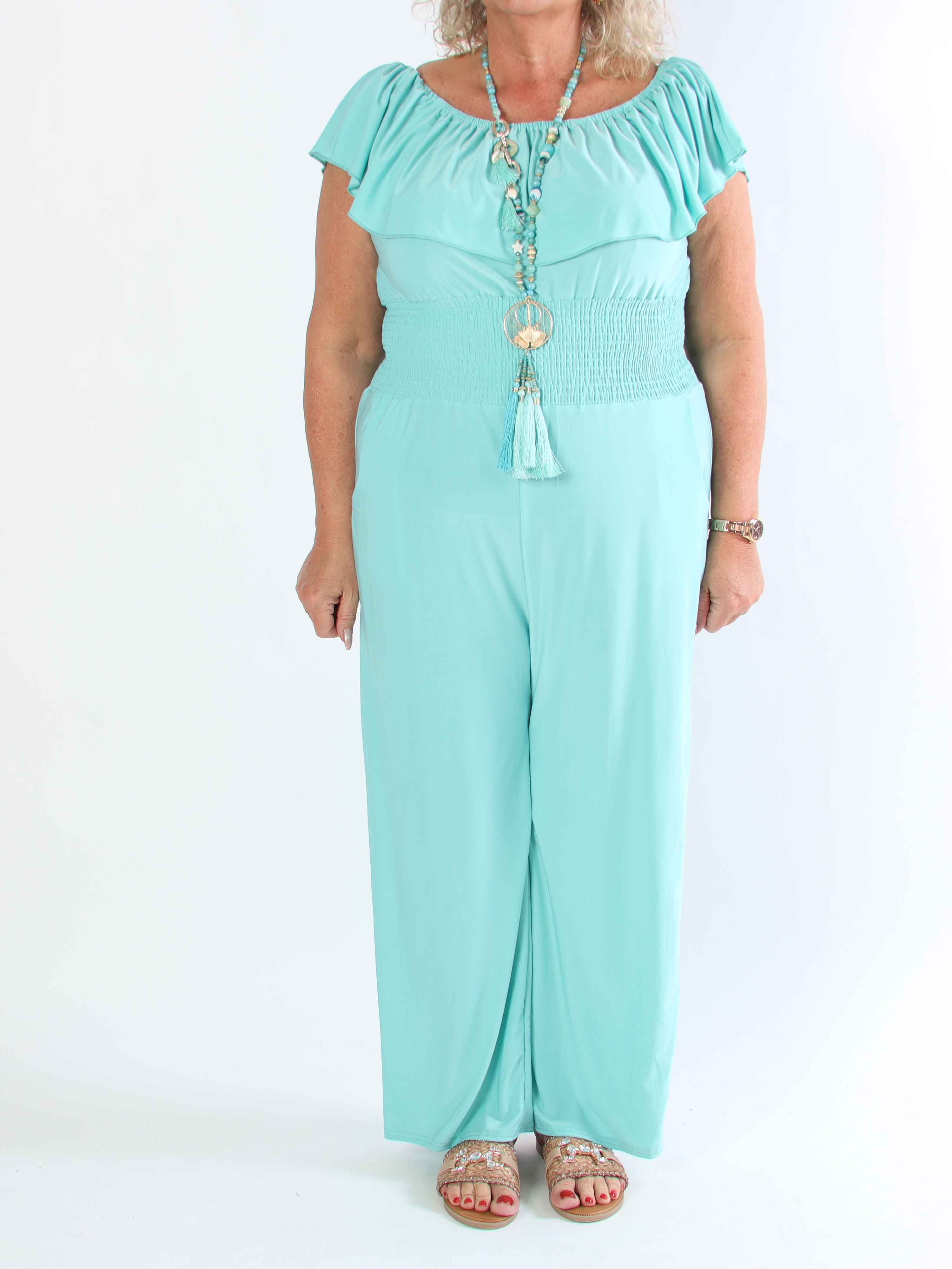 Pams Plain Frill Jumpsuit - Elastisk plus size buksedragt med smock og flæse