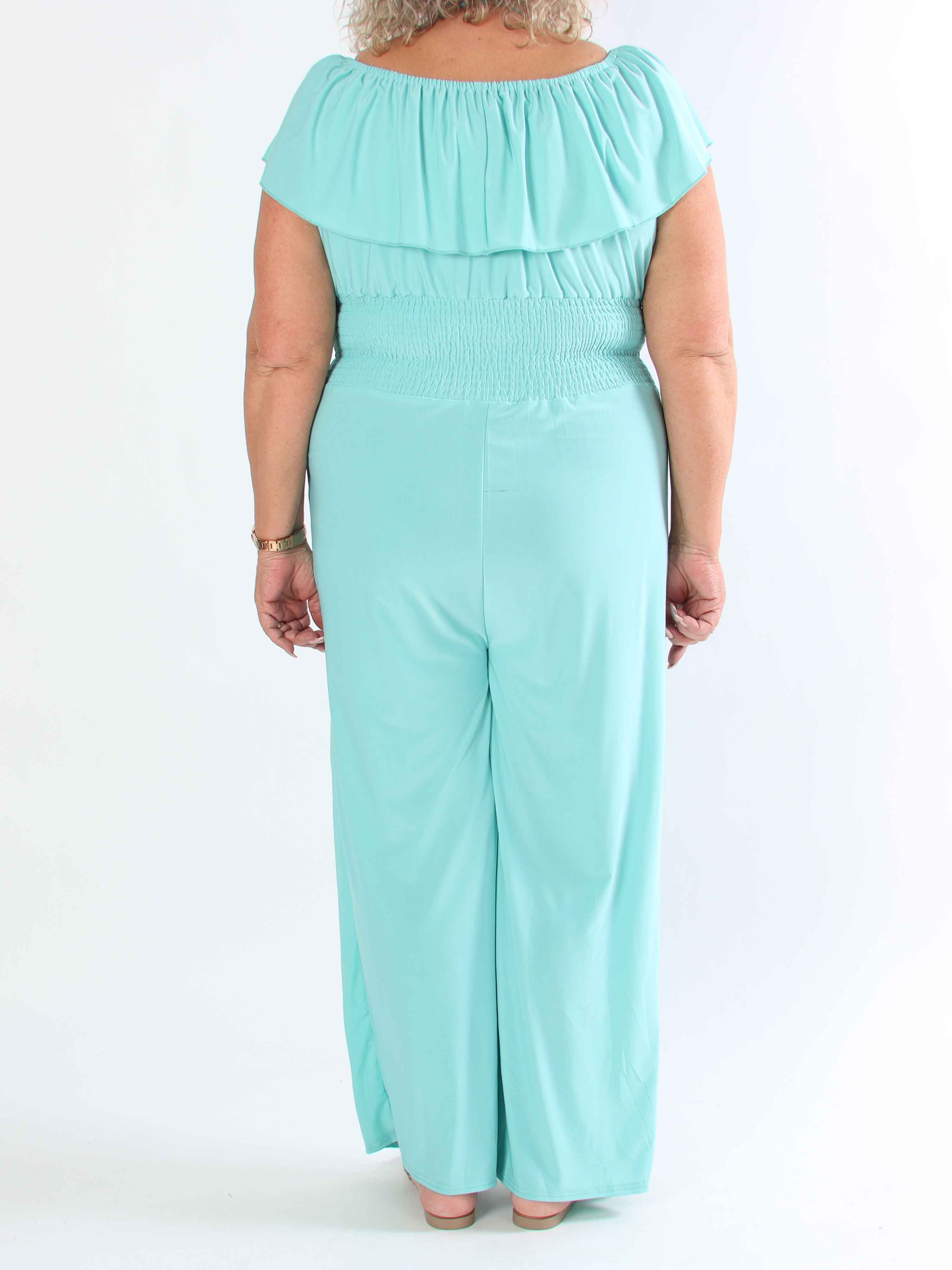 Pams Plain Frill Jumpsuit - Elastisk plus size buksedragt med smock og flæse