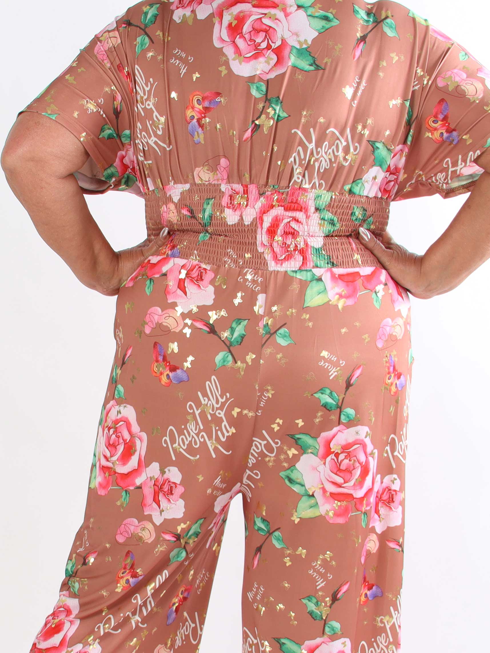 Pams Raise Jumpsuit - Plus size buksedragt med blomsterr og guldsommerfugle