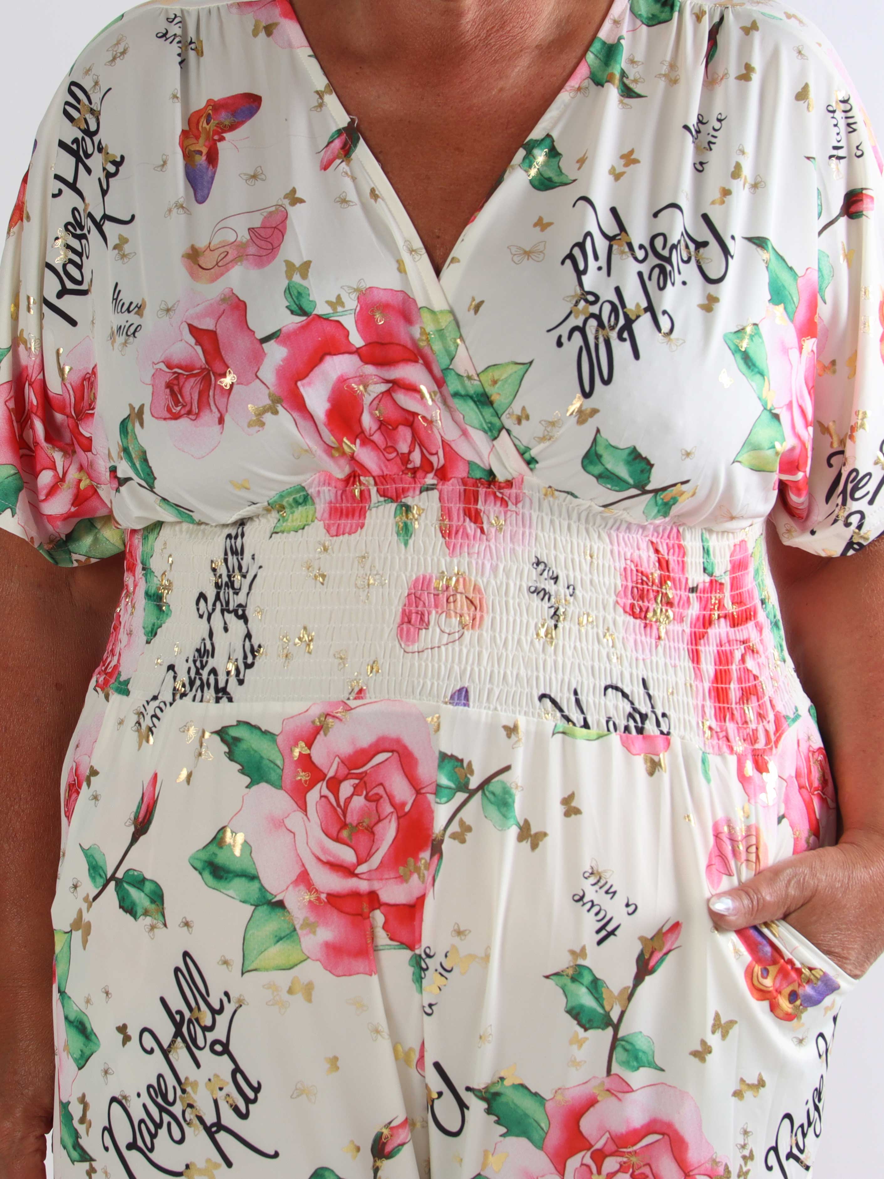 Pams Raise Jumpsuit - Plus size buksedragt med blomsterr og guldsommerfugle