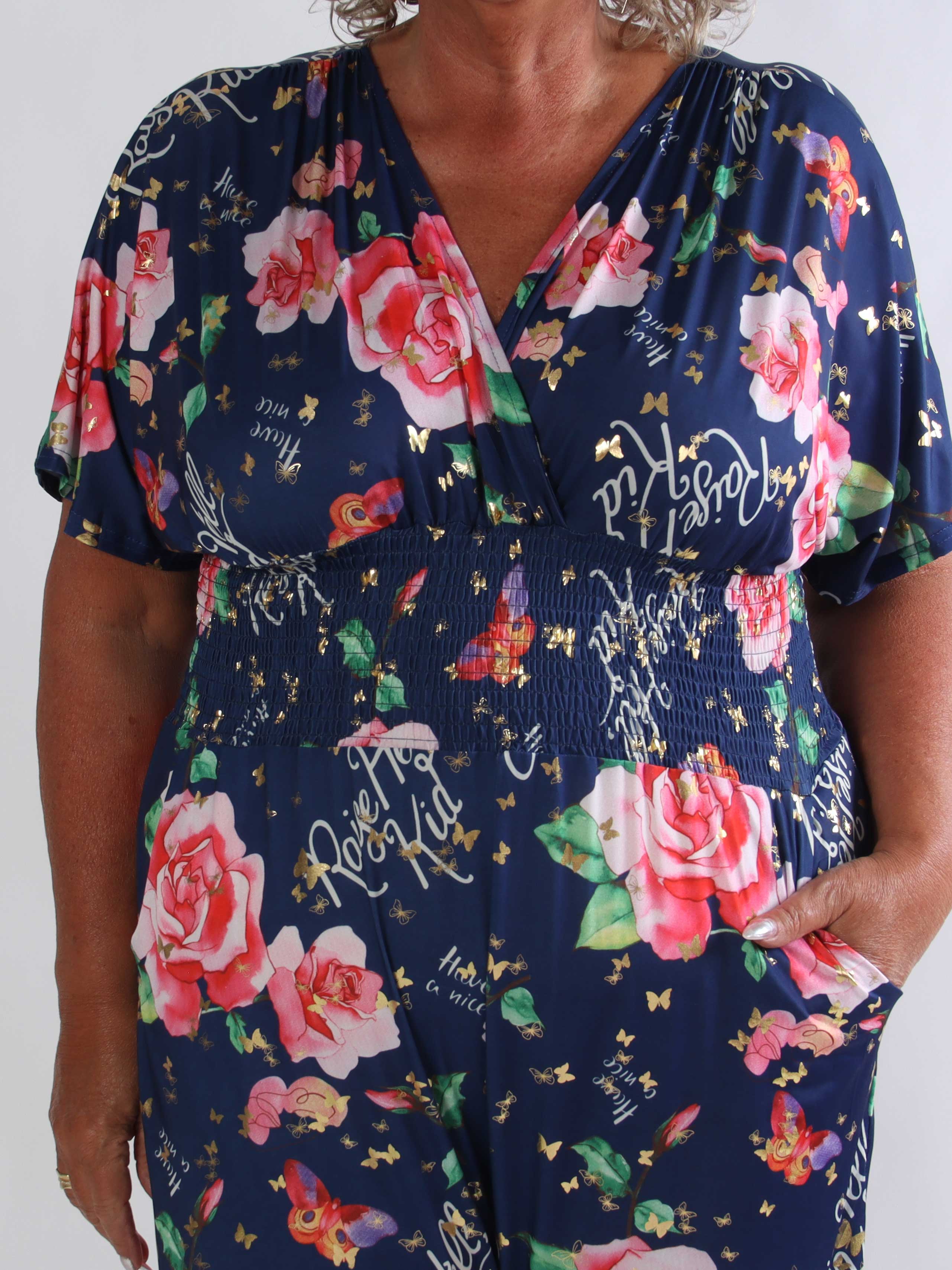Pams Raise Jumpsuit - Plus size buksedragt med blomsterr og guldsommerfugle