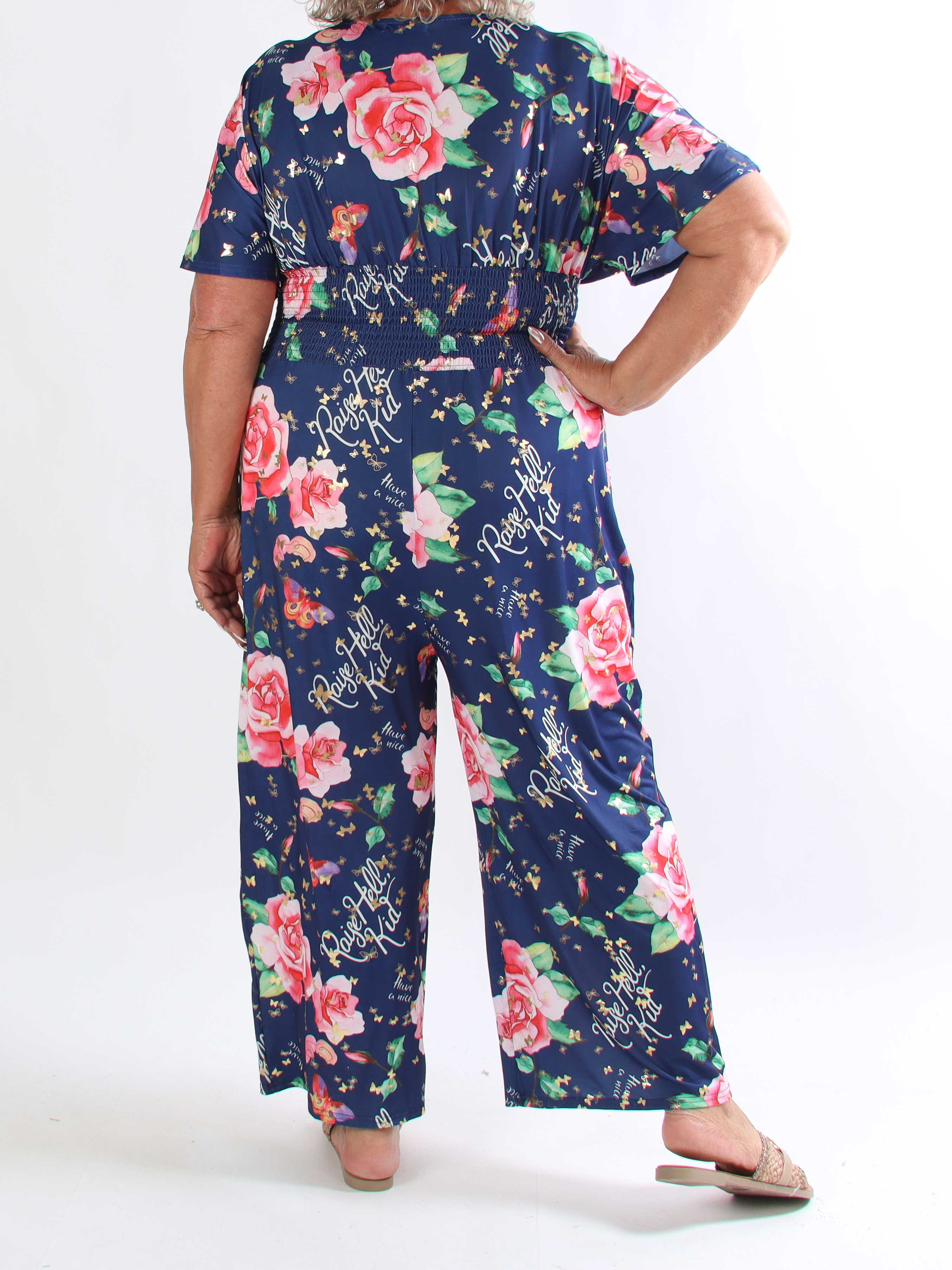 Pams Raise Jumpsuit - Plus size buksedragt med blomsterr og guldsommerfugle