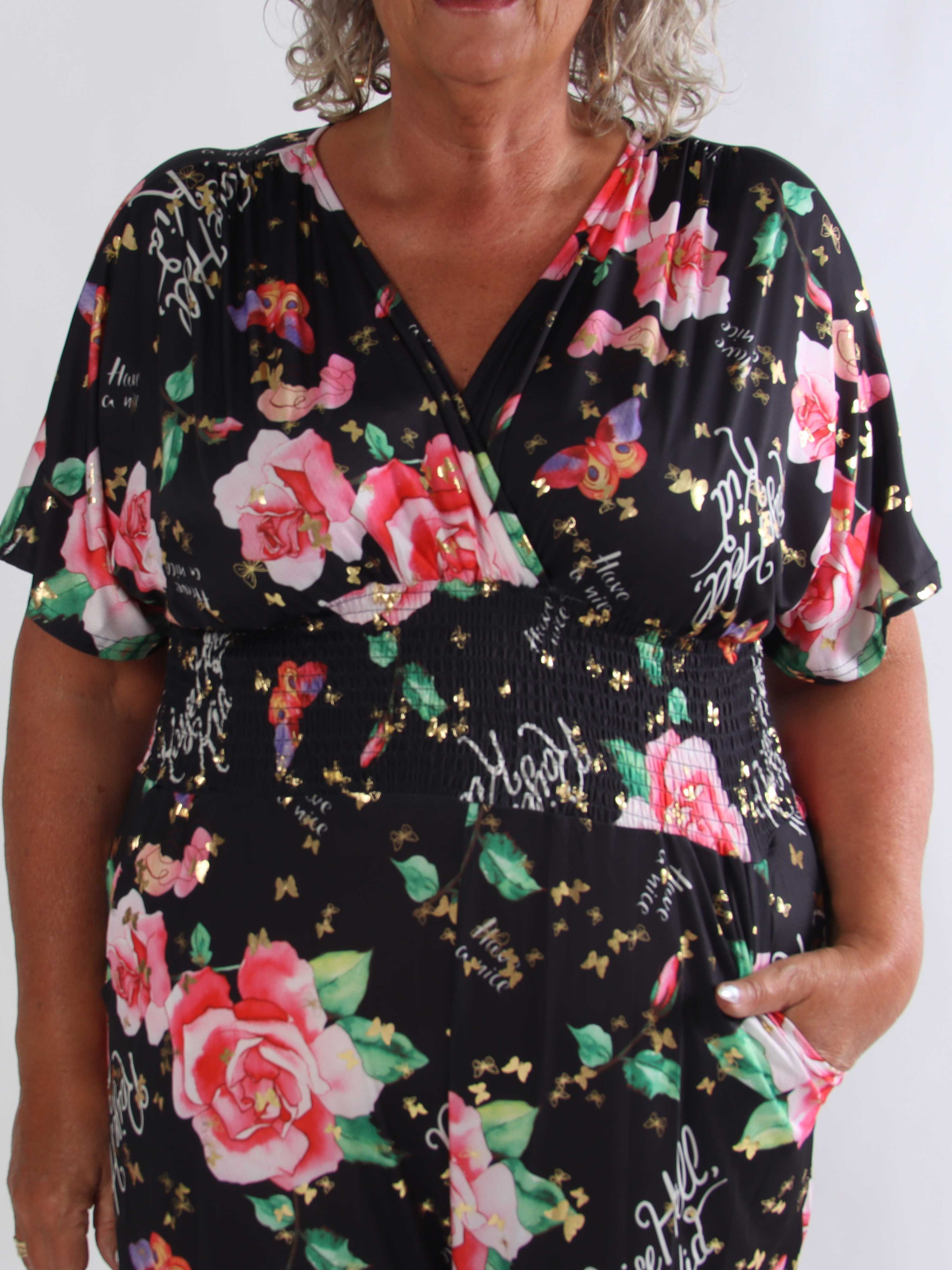 Pams Raise Jumpsuit - Plus size buksedragt med blomsterr og guldsommerfugle