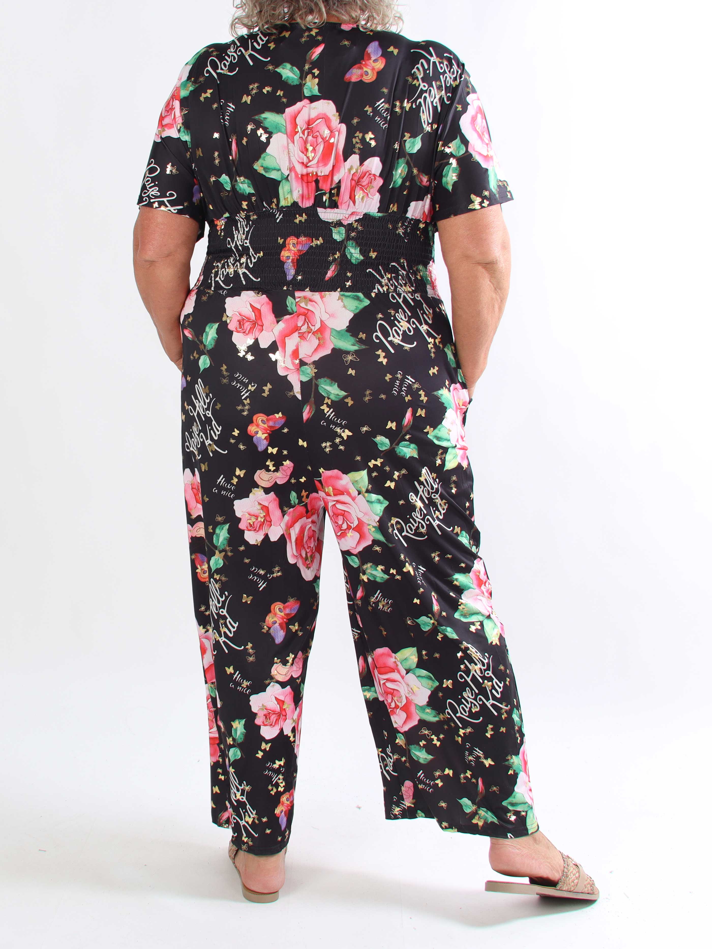 Pams Raise Jumpsuit - Plus size buksedragt med blomsterr og guldsommerfugle