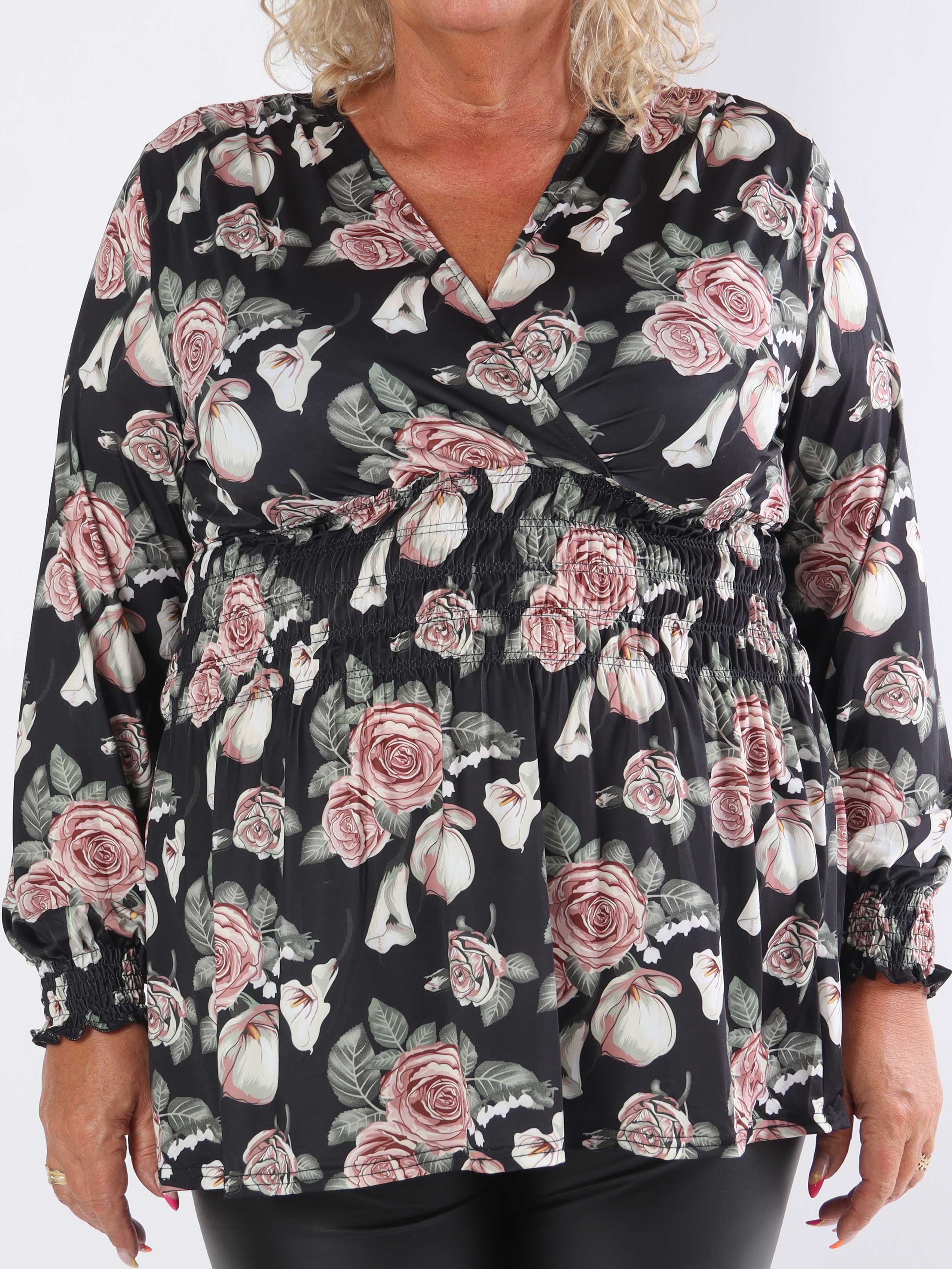 Pams Rose Shirt L/S - Elastisk plus size bluse i krølfrit stof med roser
