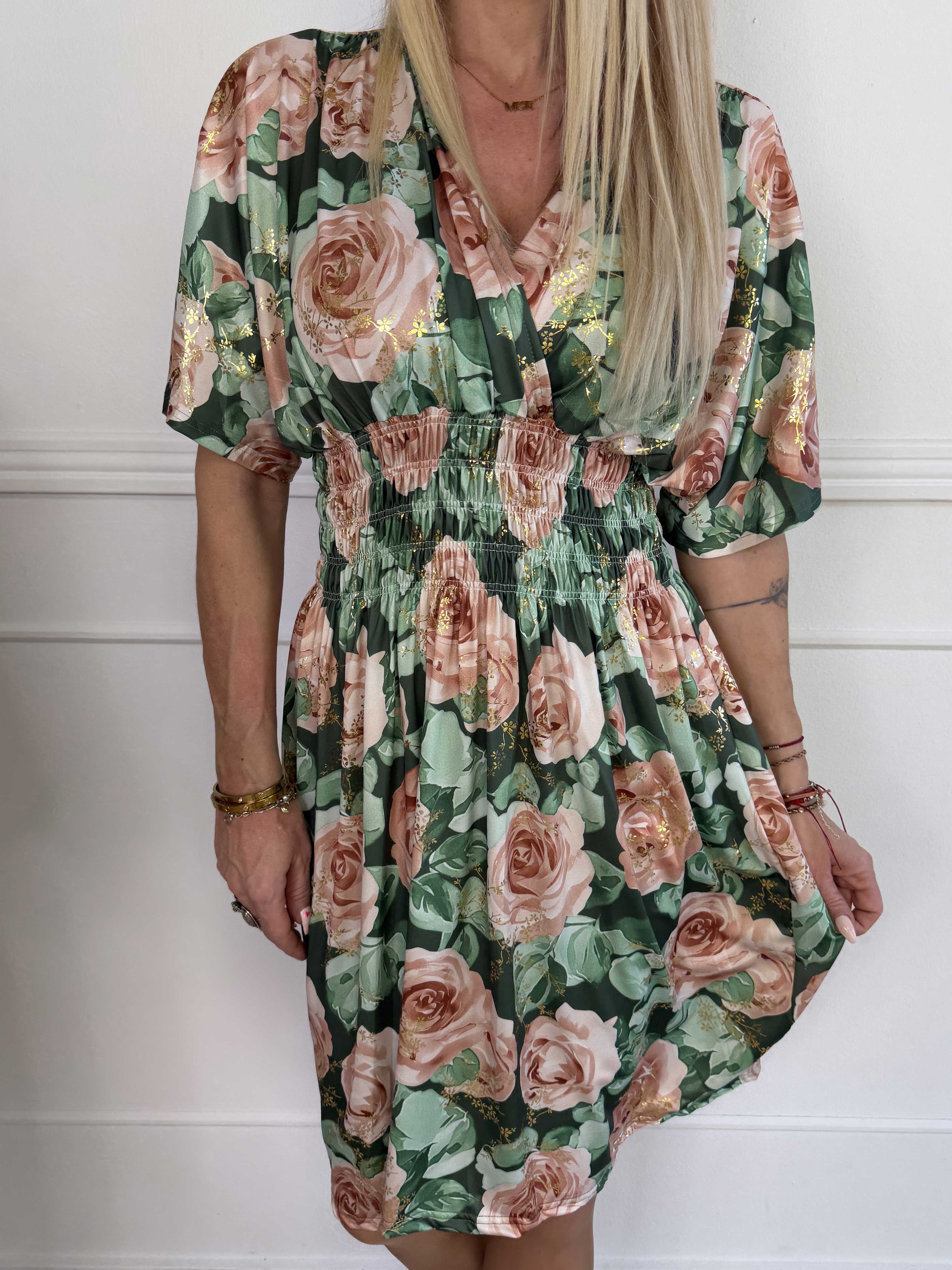 Pams Rose Short - Elastisk kjole med blomstermotiver og guld blade