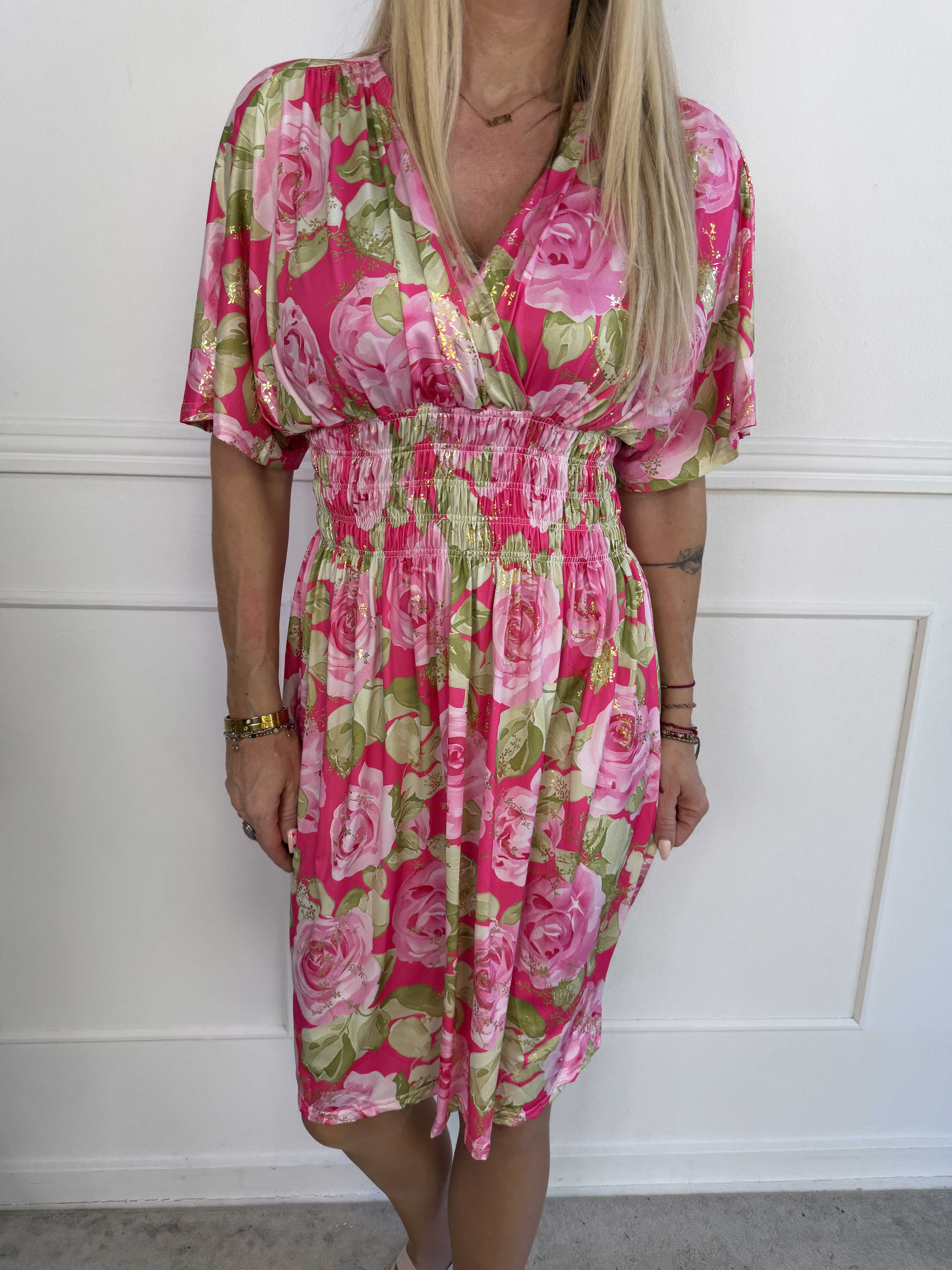 Pams Rose Short - Elastisk kjole med blomstermotiver og guld blade