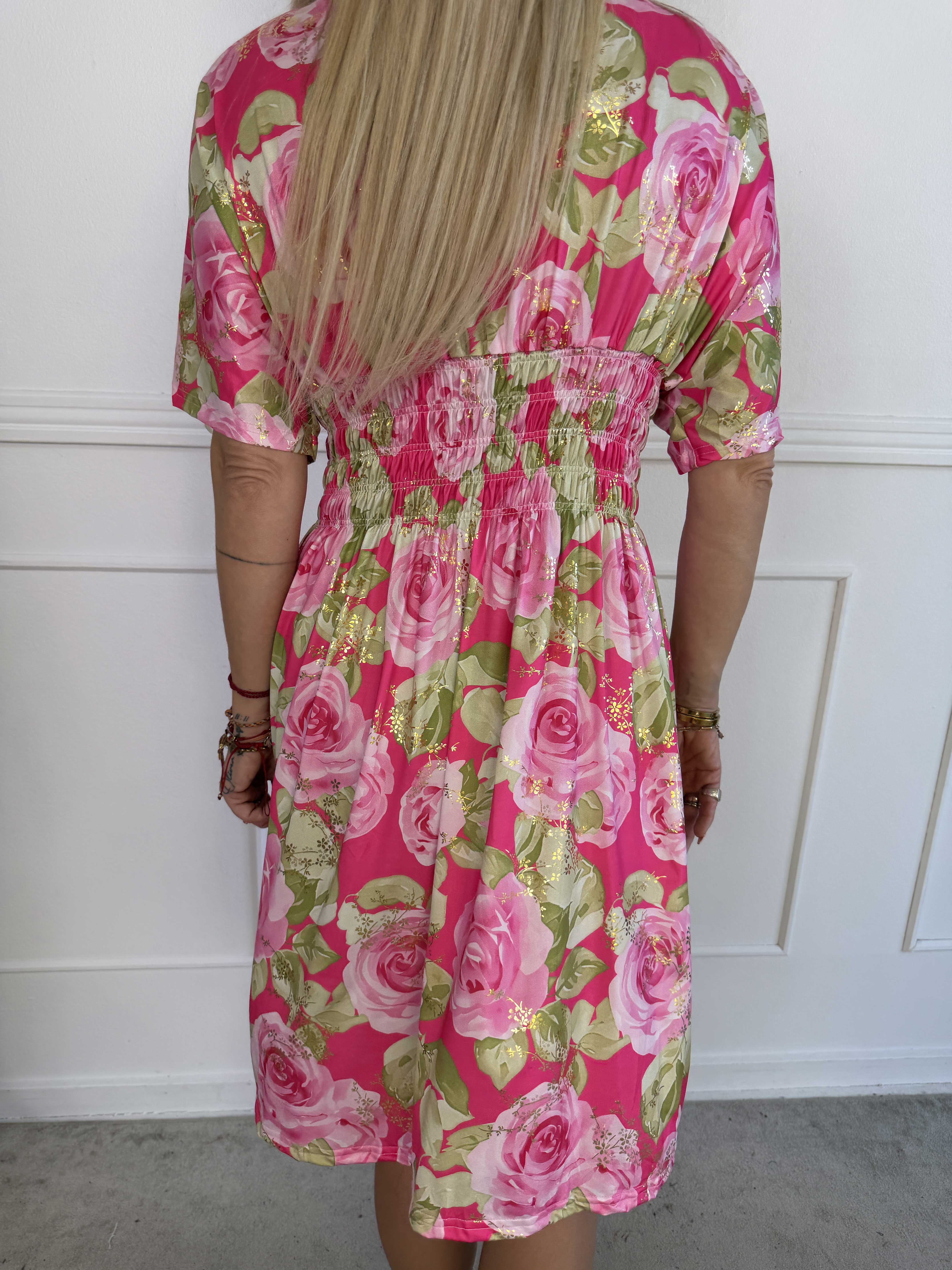 Pams Rose Short - Elastisk kjole med blomstermotiver og guld blade