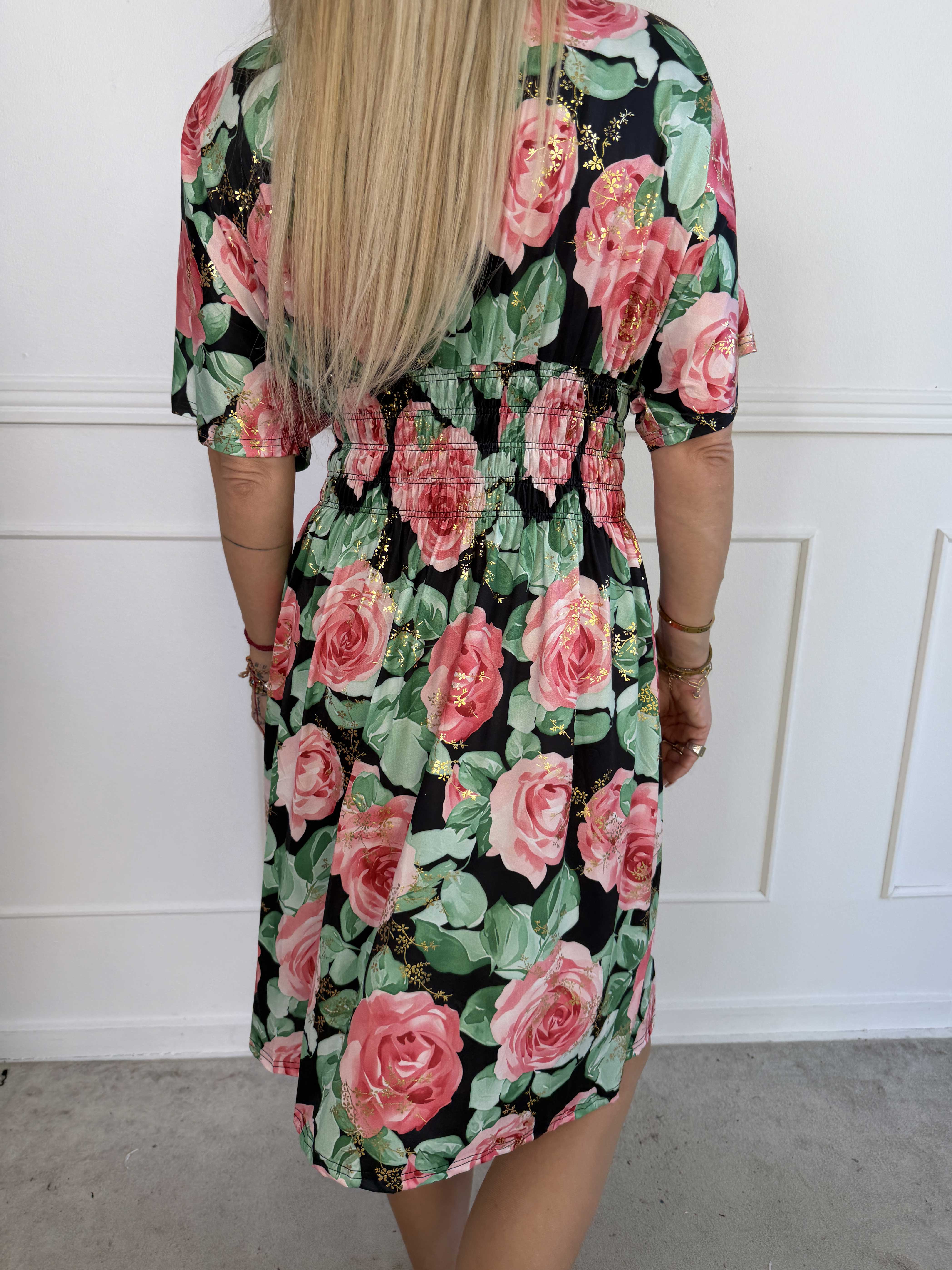 Pams Rose Short - Elastisk kjole med blomstermotiver og guld blade