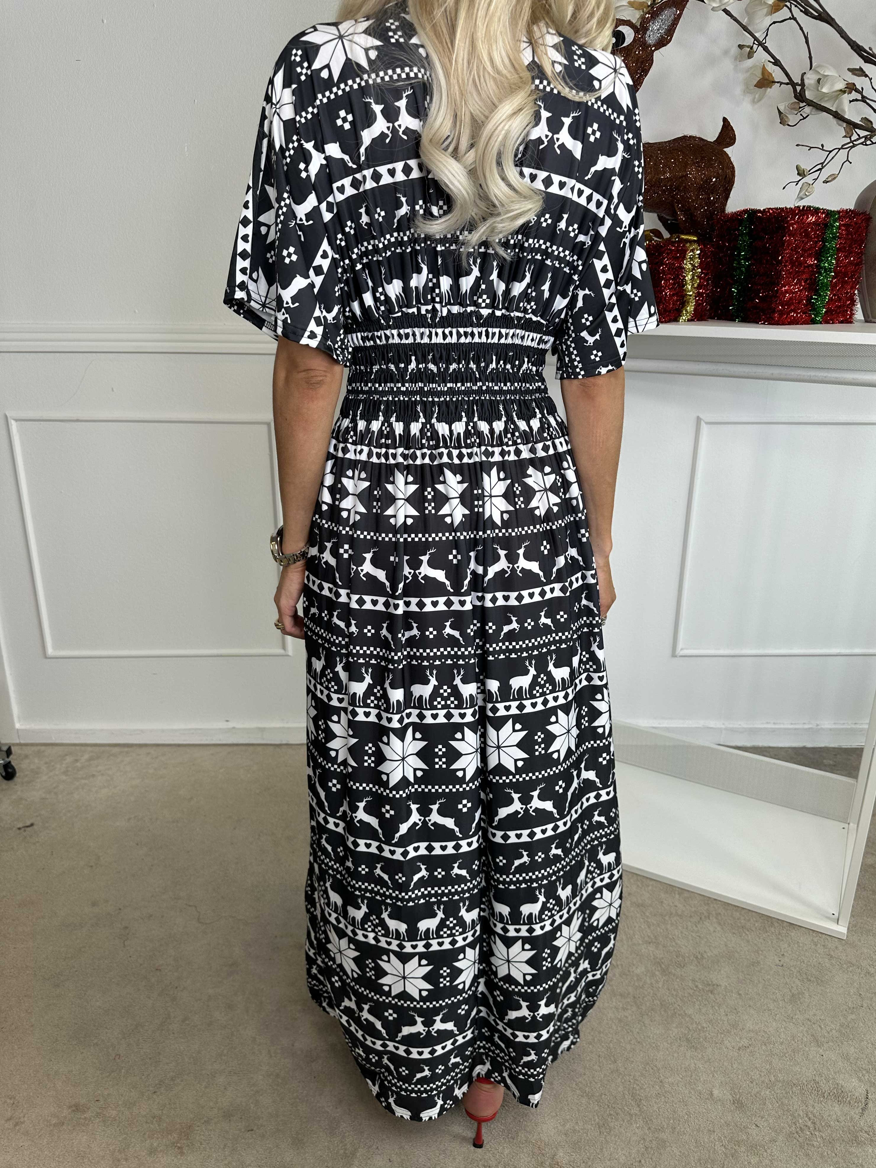 Pams Snow - Lang elastisk kjole med juleprint