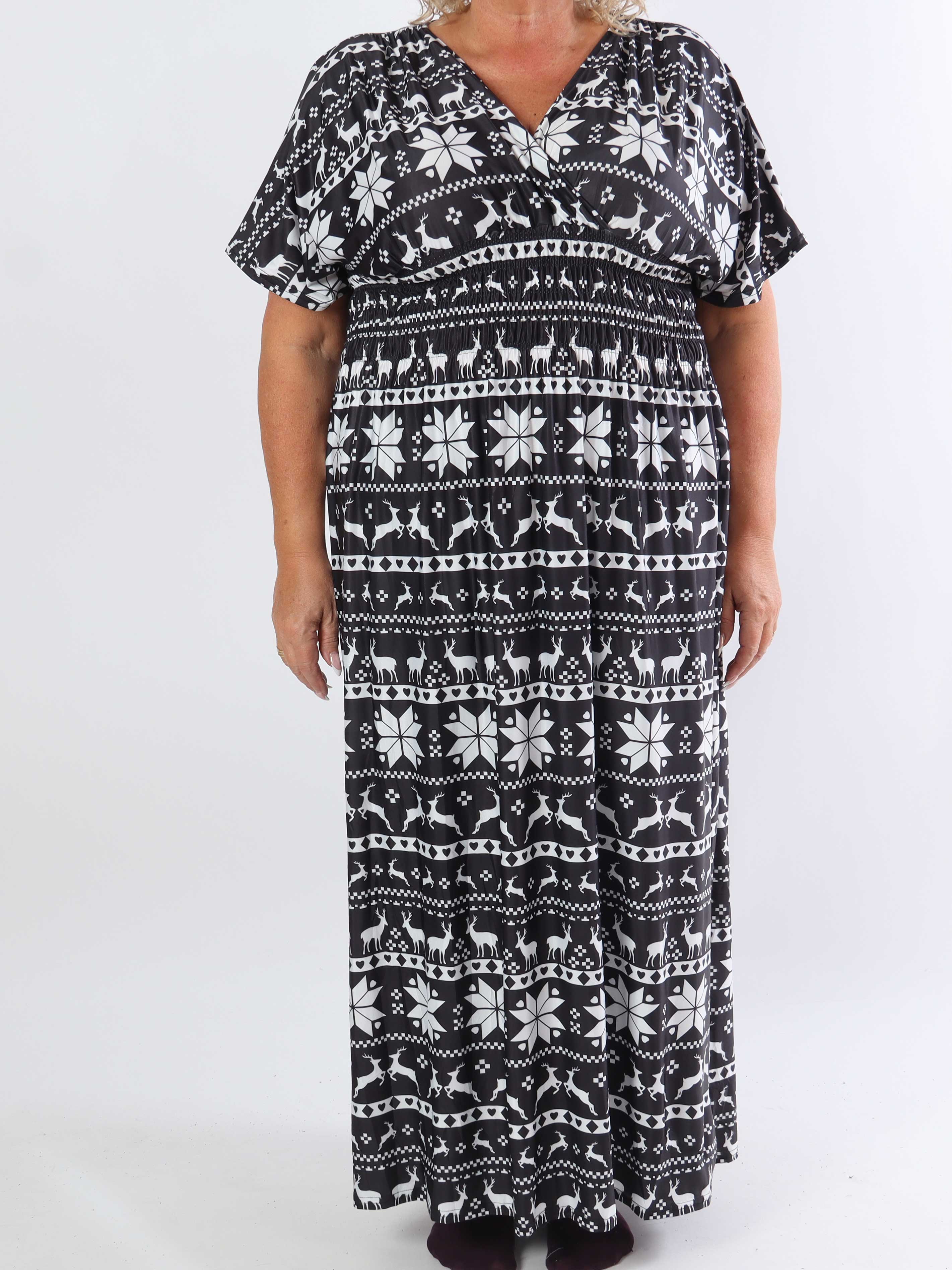 Pams Snow - Lang elastisk plus size kjole med juleprint