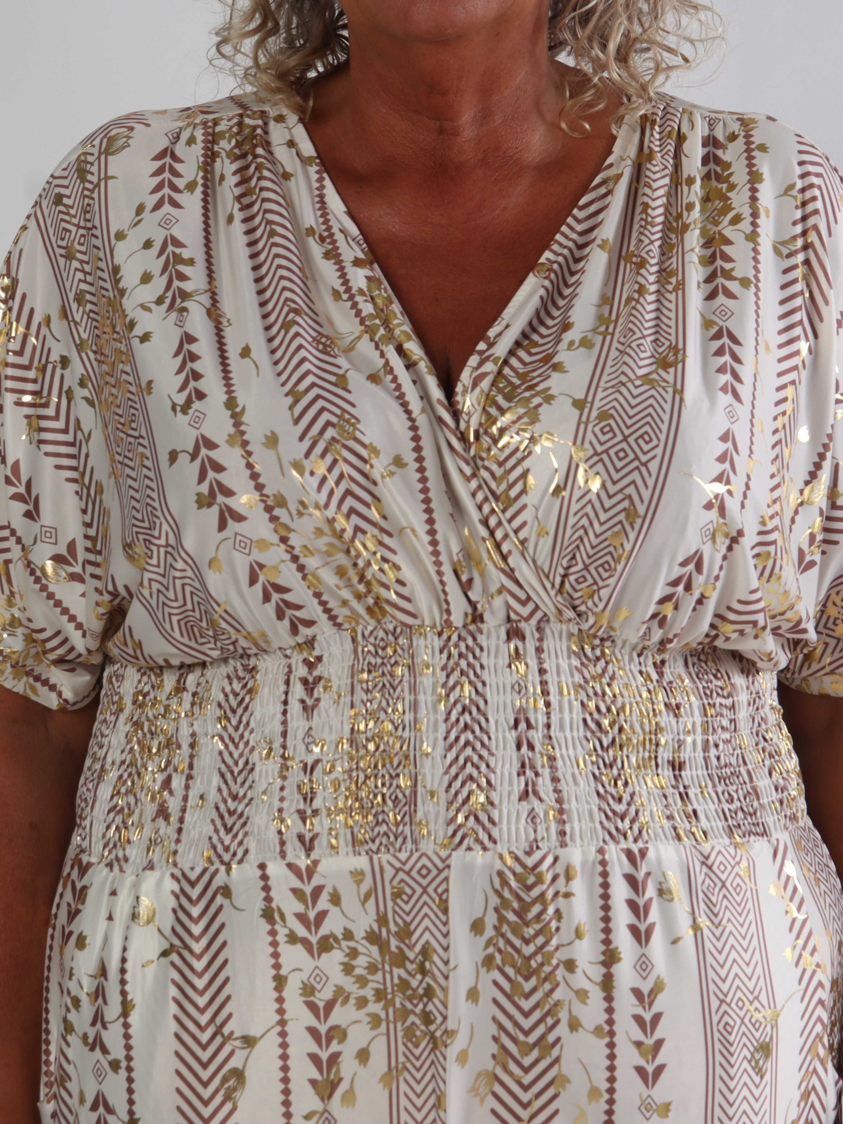 Pams Tribal Jumpsuit - Plus size mønstret buksedragt med små guld blomster