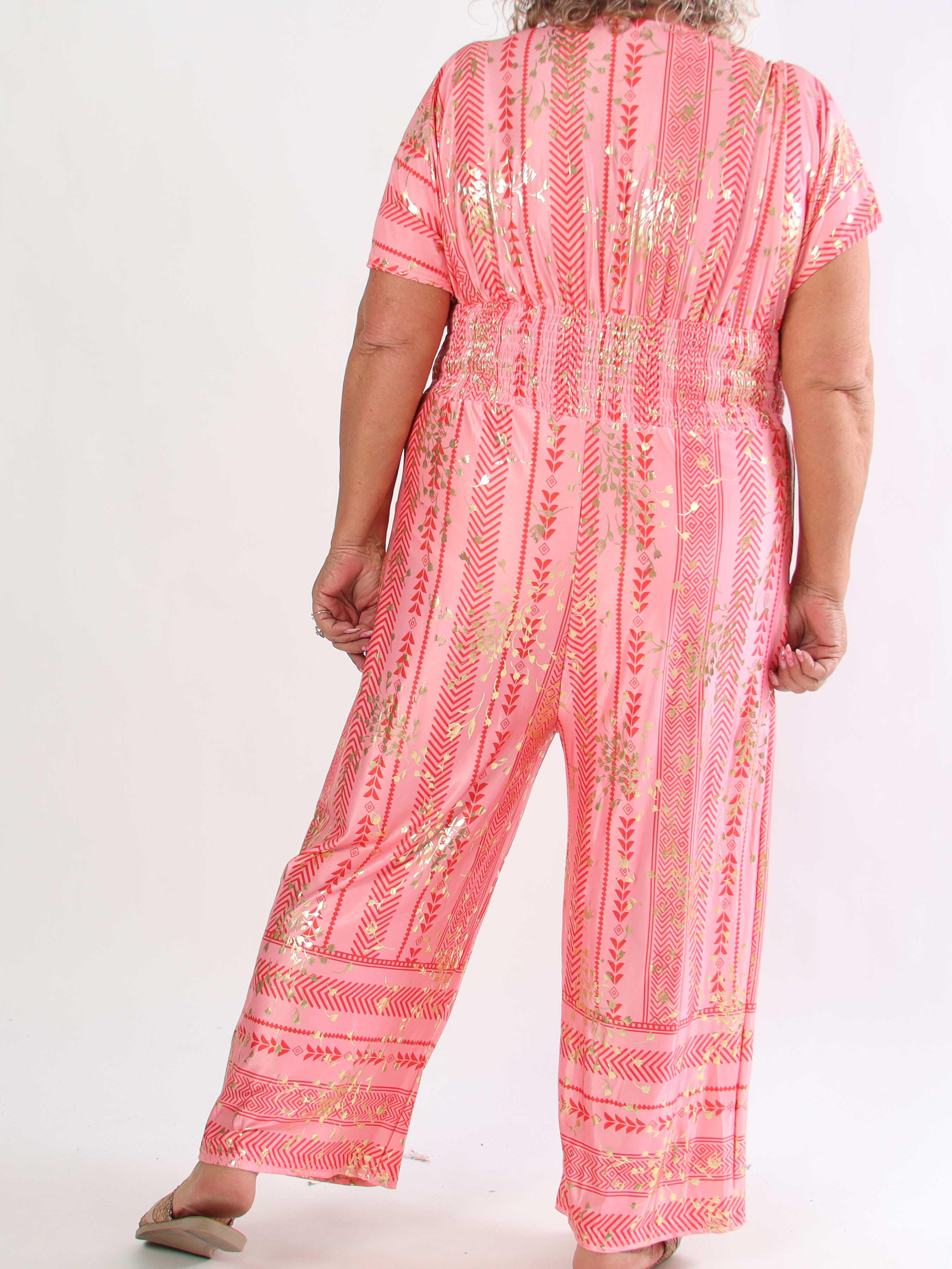Pams Tribal Jumpsuit - Plus size mønstret buksedragt med små guld blomster