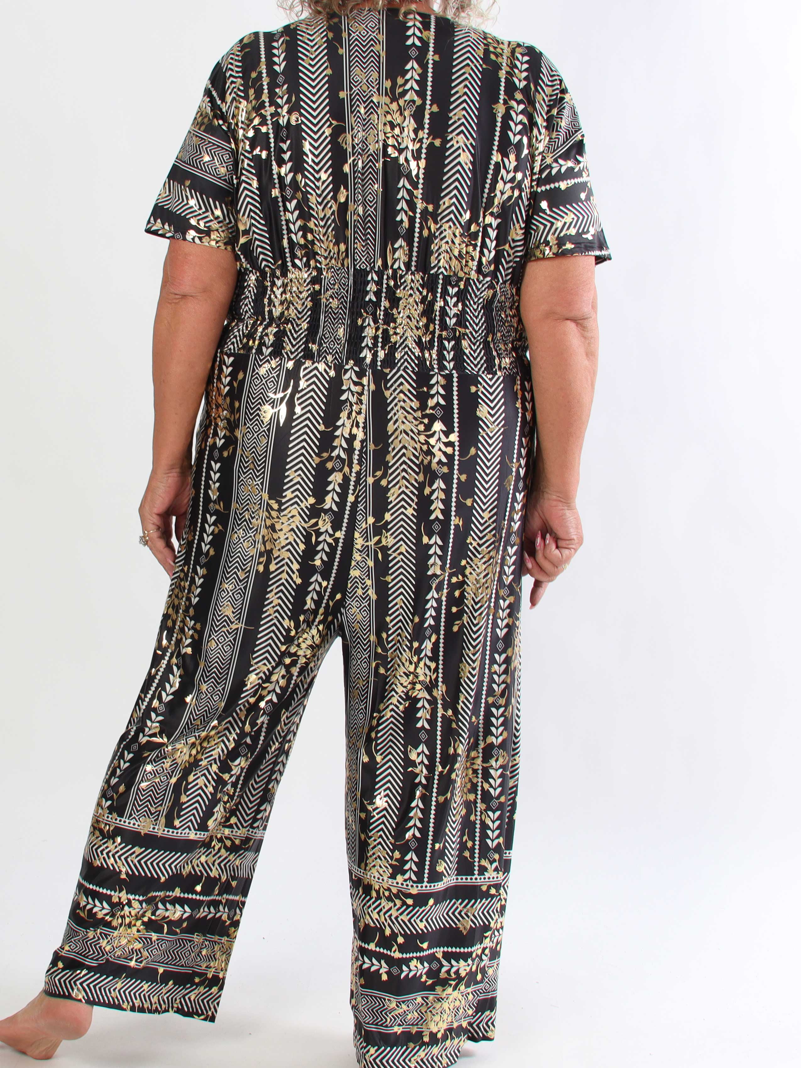 Pams Tribal Jumpsuit - Plus size mønstret buksedragt med små guld blomster