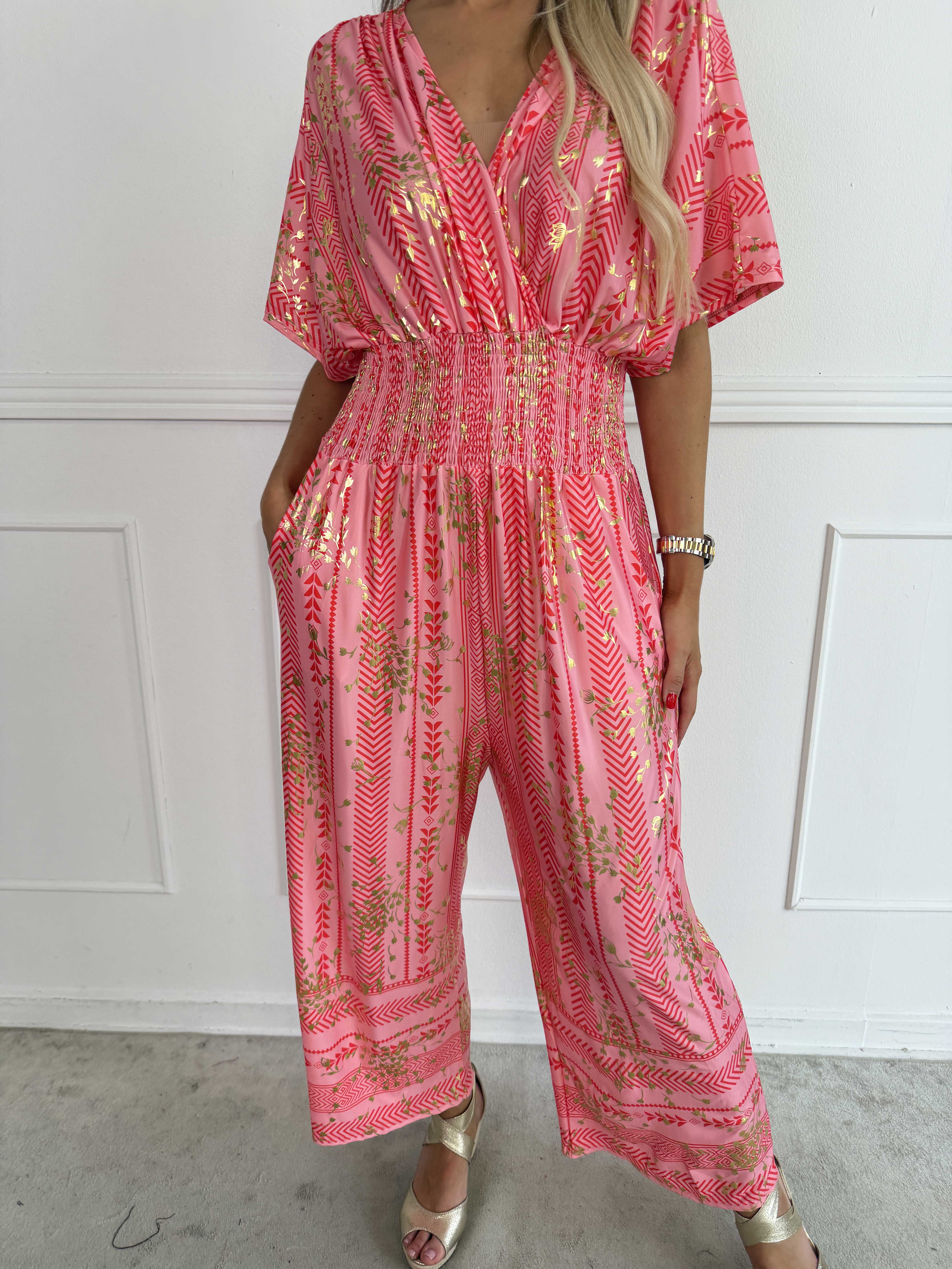 Pams Tribal Jumpsuit - Elastisk mønstret buksedragt med små guld blomster