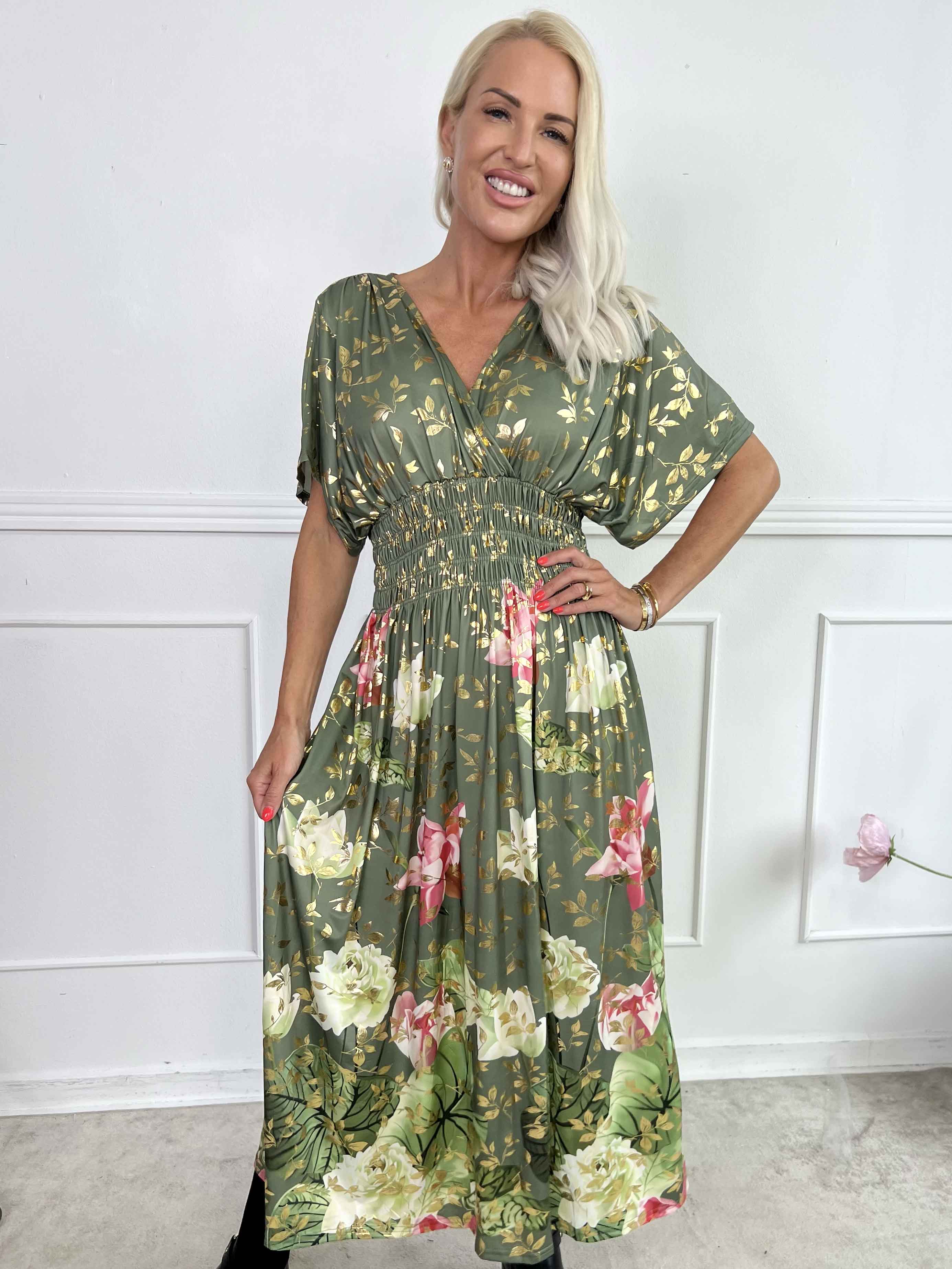 Pams Water Lily Midi - Elastisk kjole med blomsterprint og guld blade