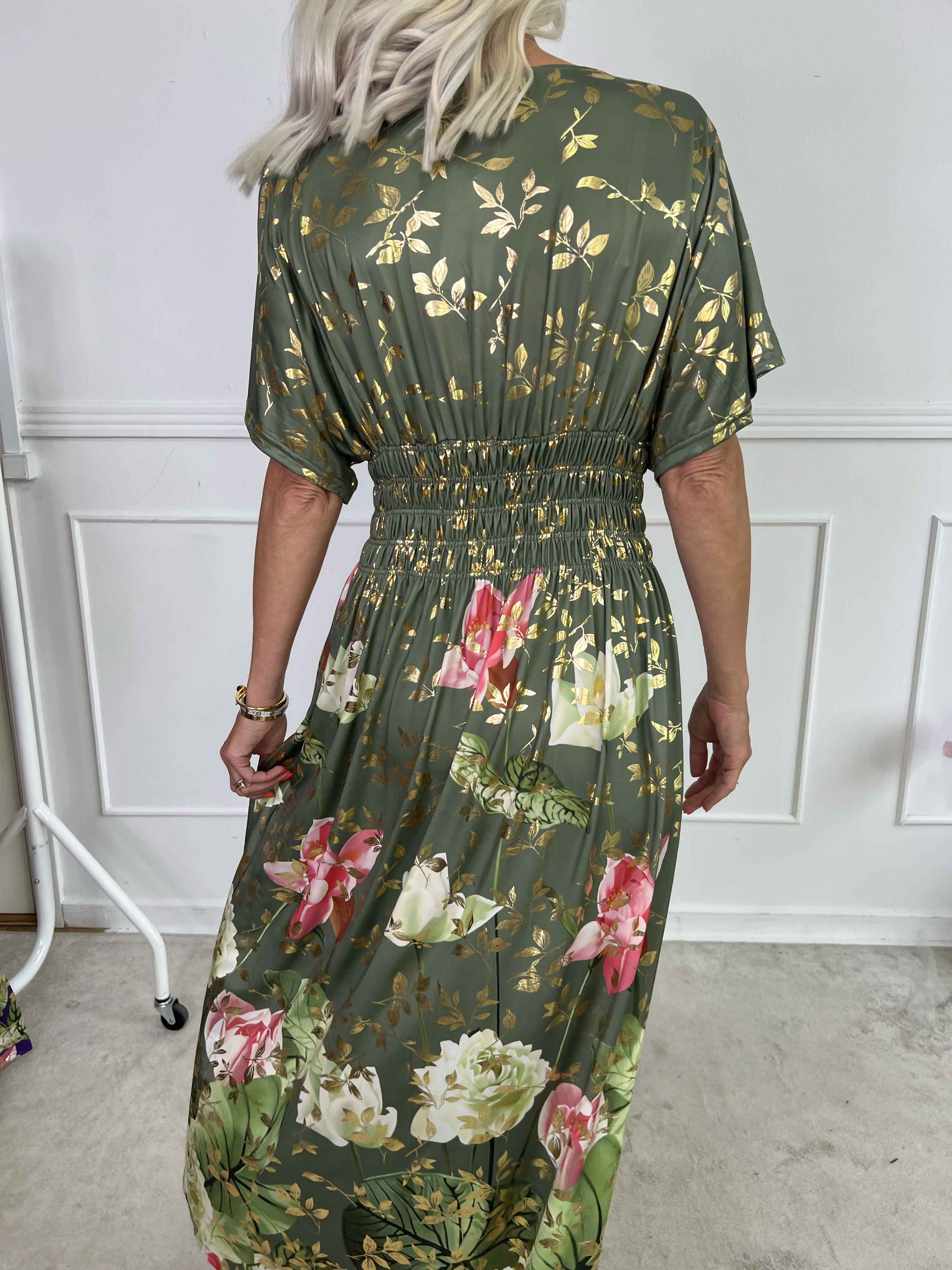 Pams Water Lily Midi - Elastisk kjole med blomsterprint og guld blade