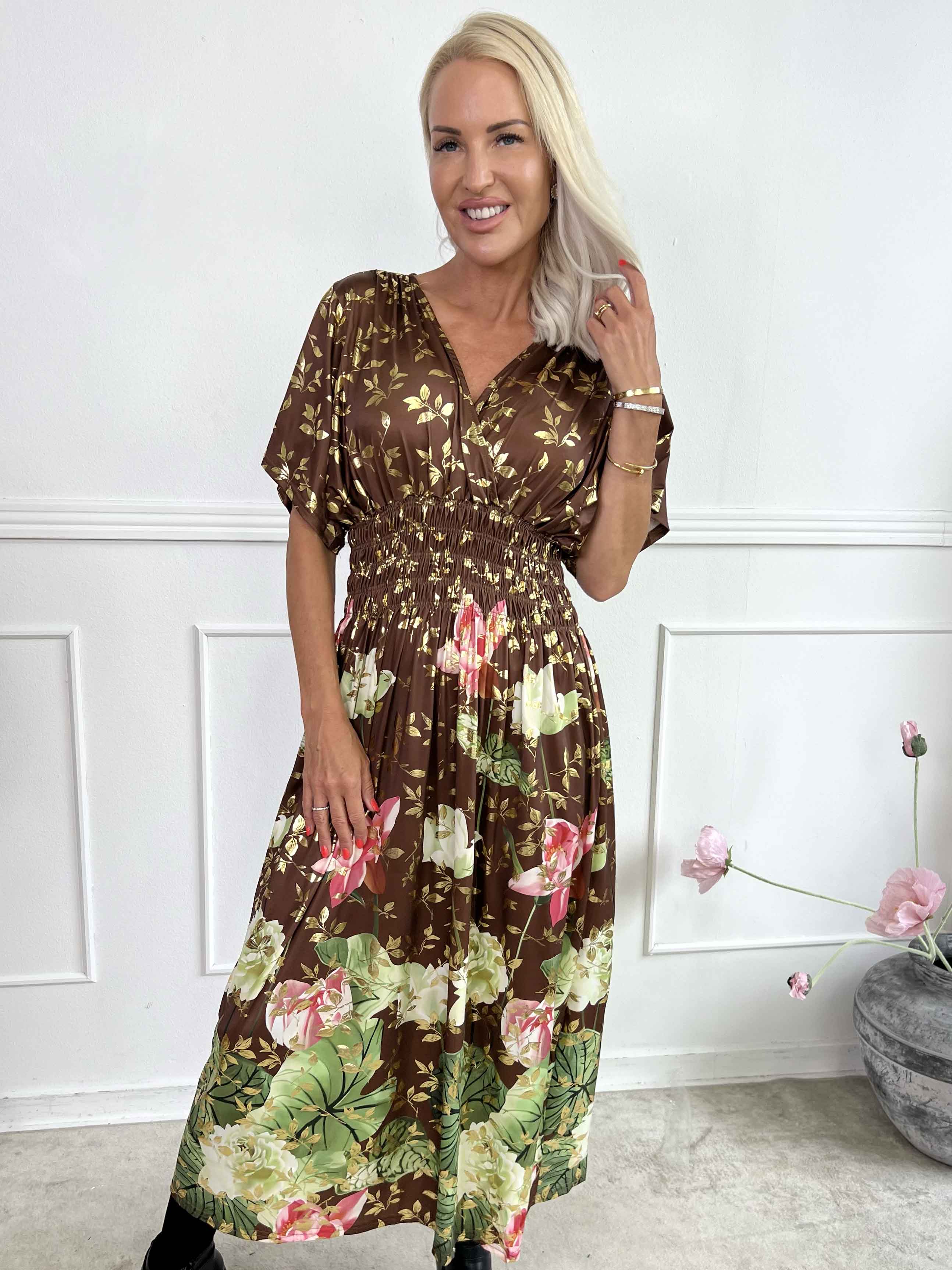 Pams Water Lily Midi - Elastisk kjole med blomsterprint og guld blade