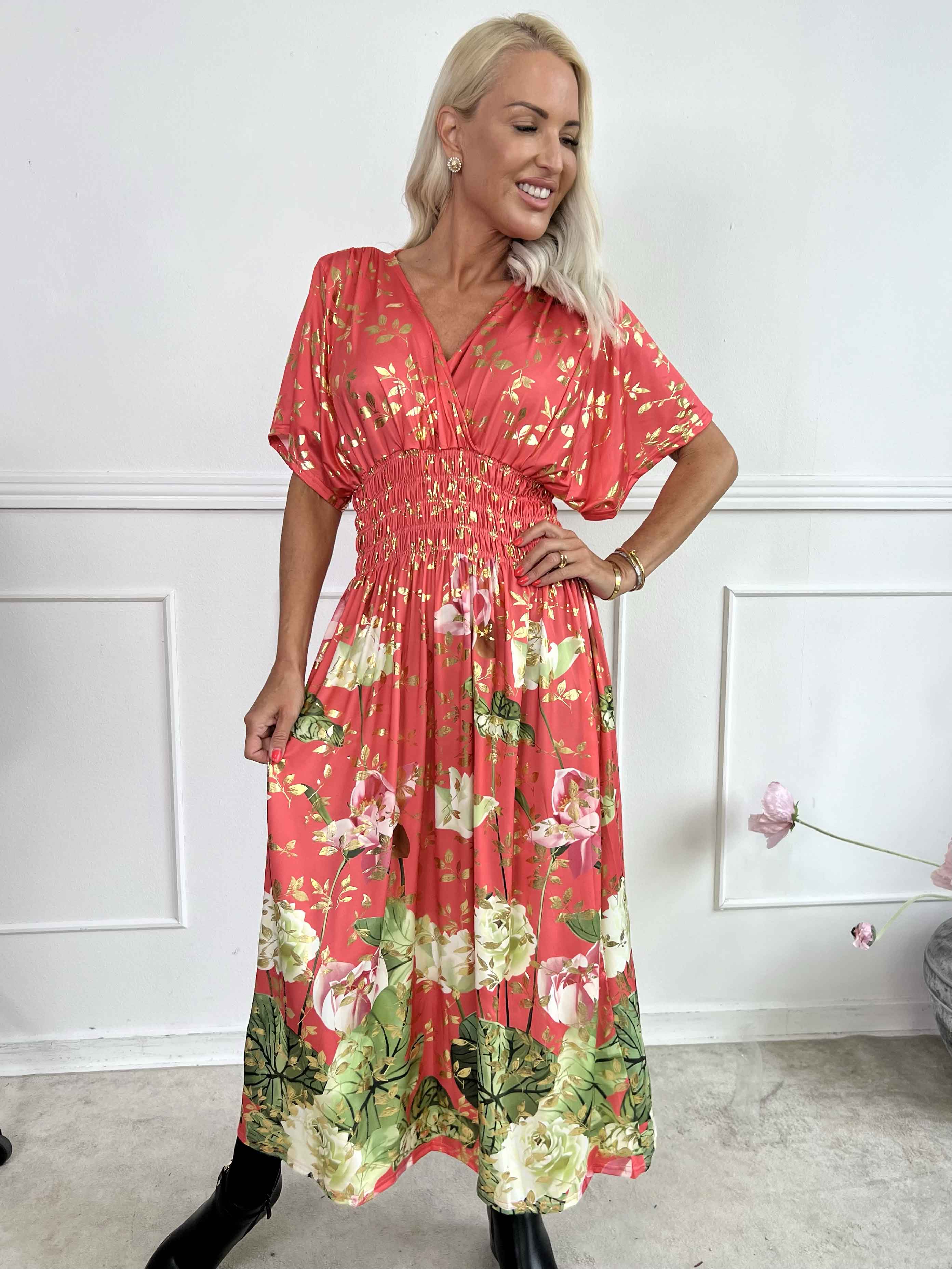 Pams Water Lily Midi - Elastisk kjole med blomsterprint og guld blade