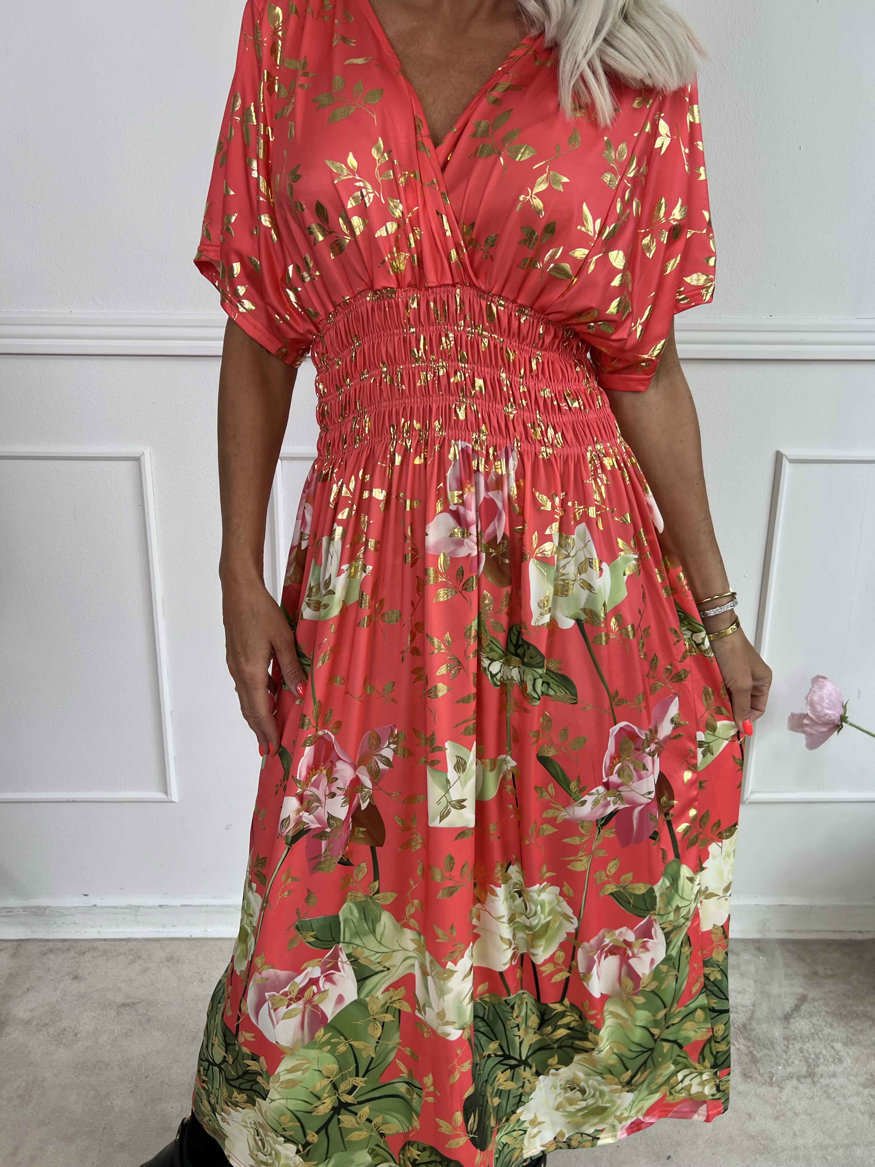 Pams Water Lily Midi - Elastisk kjole med blomsterprint og guld blade