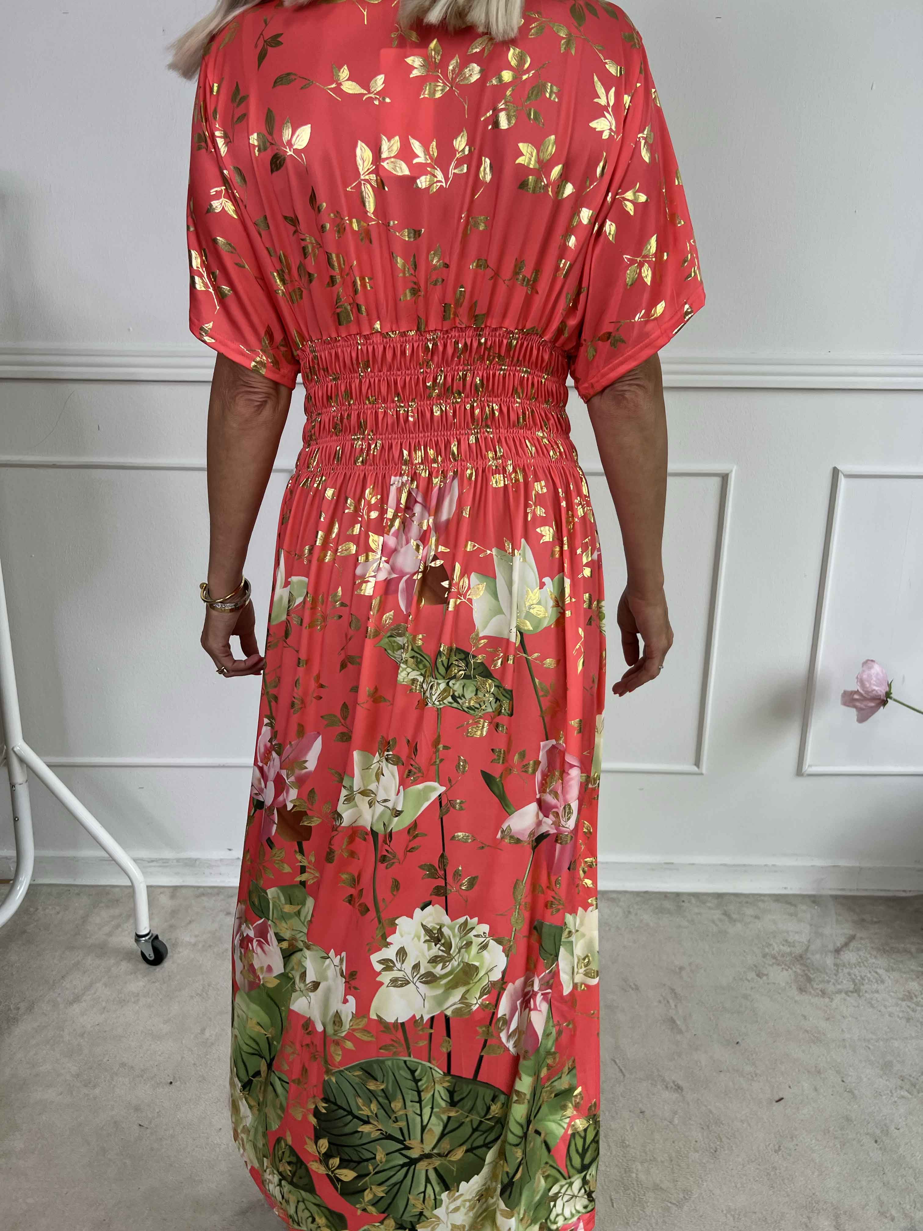 Pams Water Lily Midi - Elastisk kjole med blomsterprint og guld blade