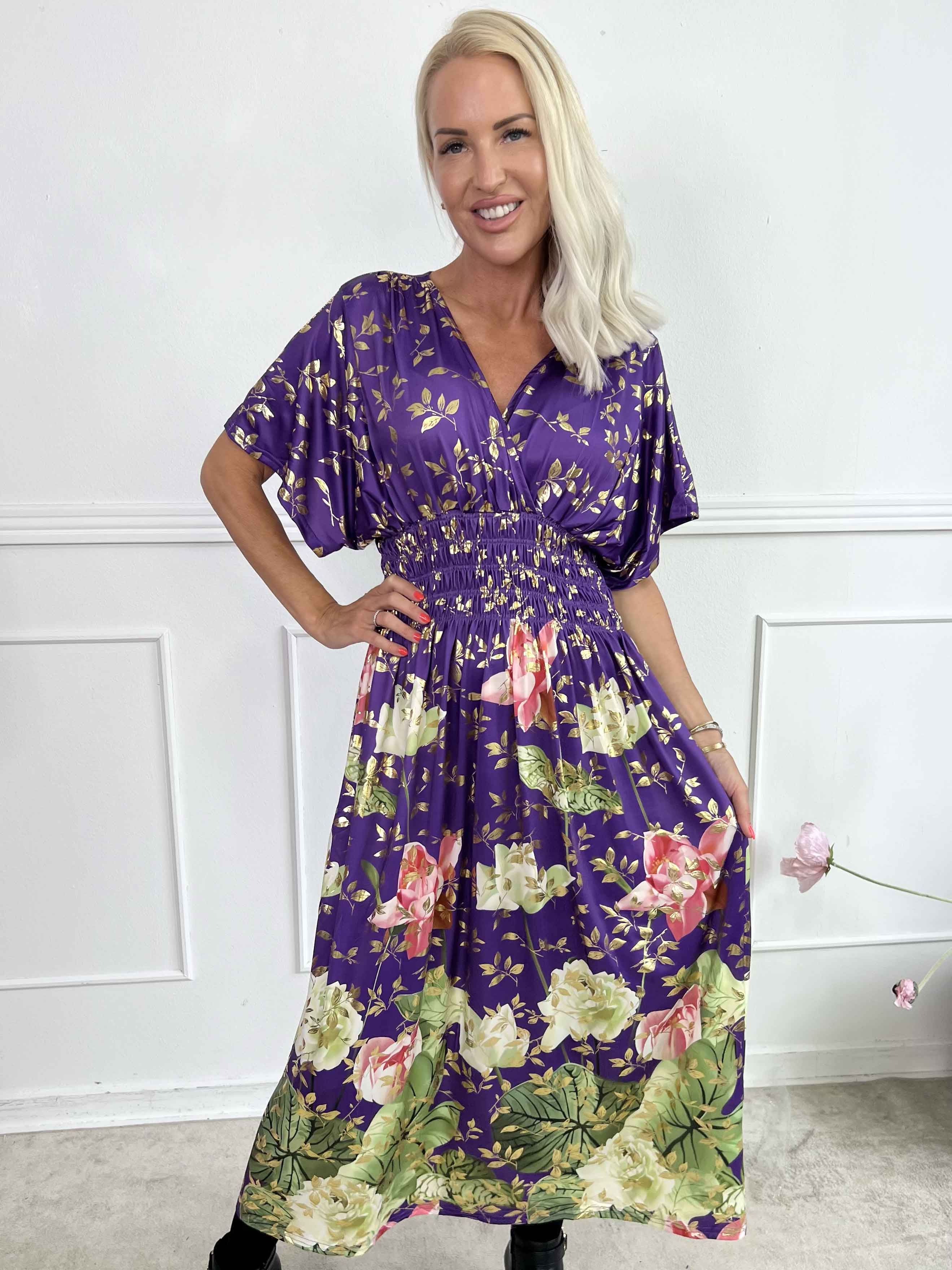 Pams Water Lily Midi - Elastisk kjole med blomsterprint og guld blade