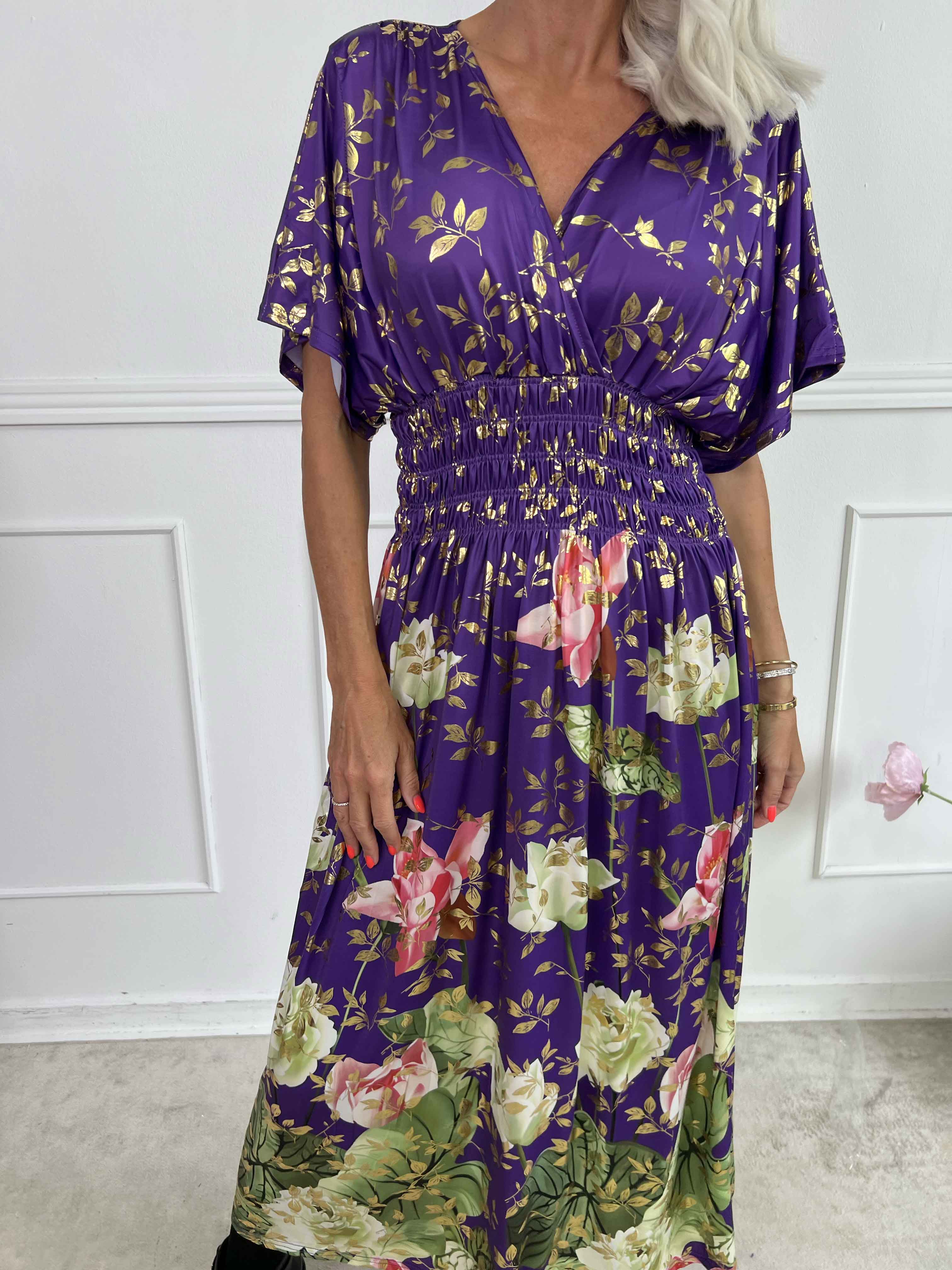 Pams Water Lily Midi - Elastisk kjole med blomsterprint og guld blade