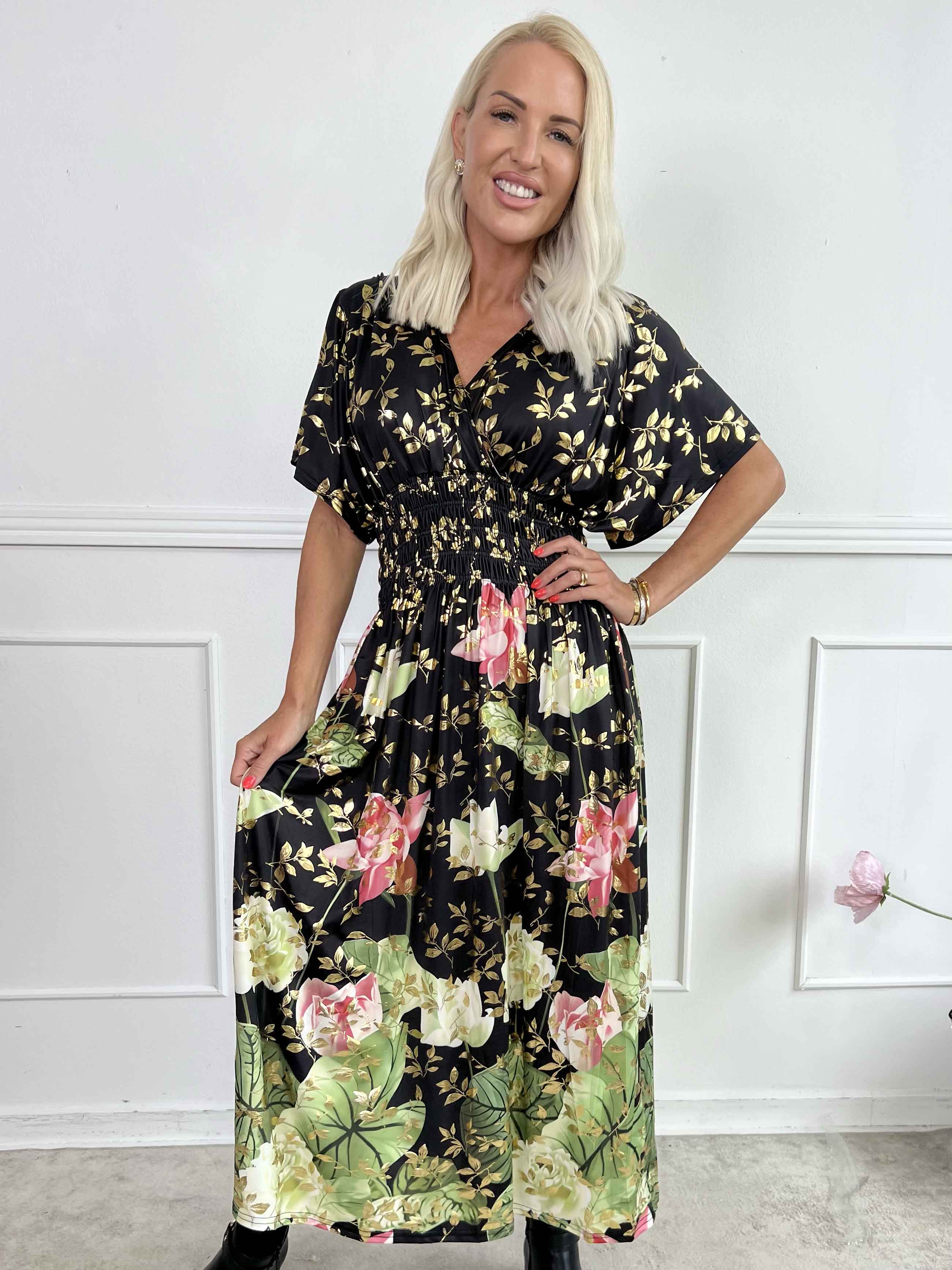 Pams Water Lily Midi - Elastisk kjole med blomsterprint og guld blade