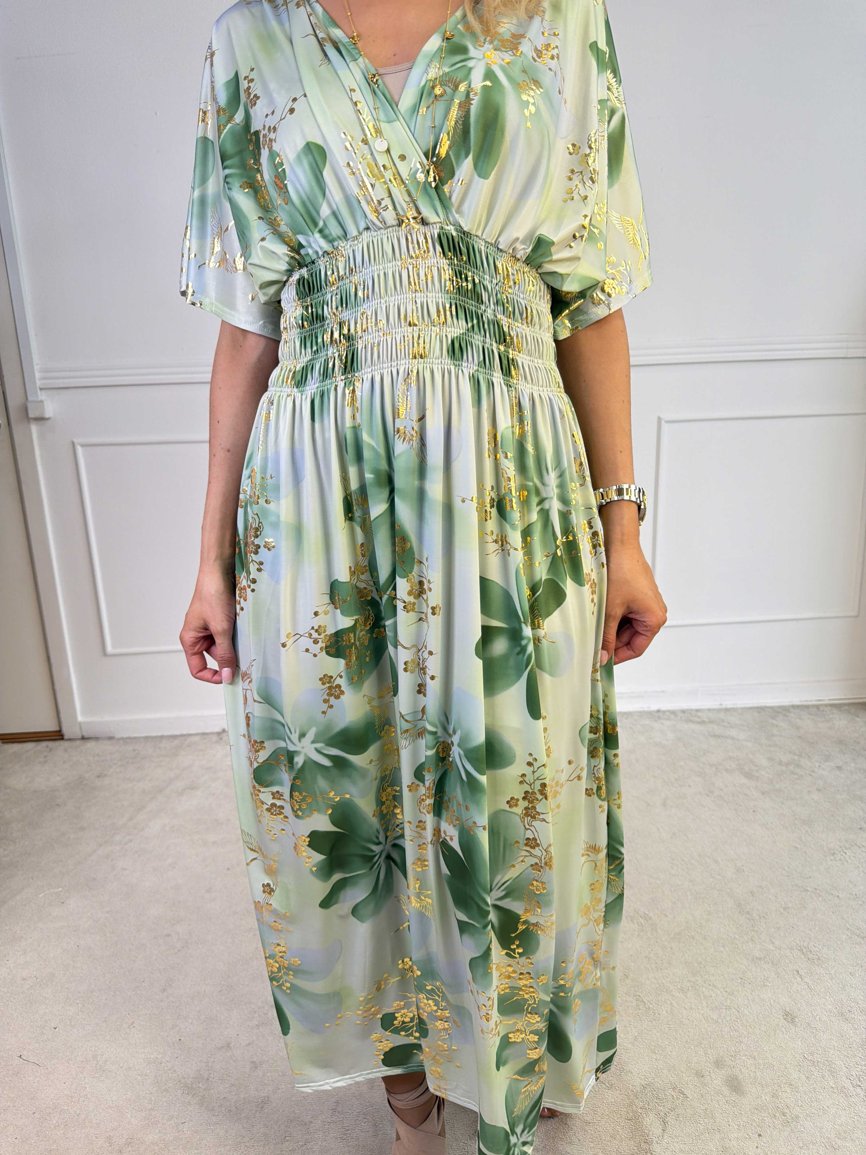 Pams Fleur - Lang elastisk kjole med smock og japansk inspireret gulddetaljer