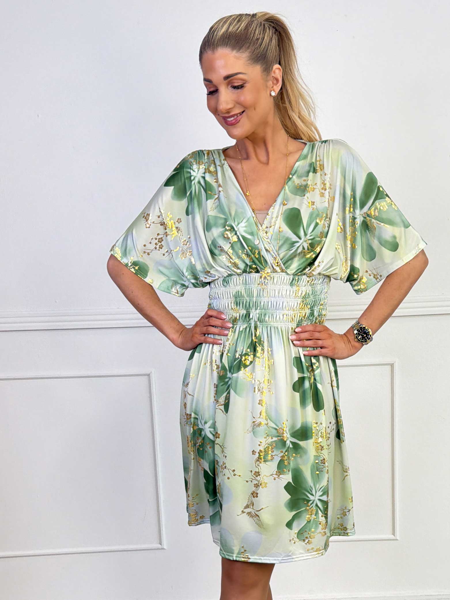 Pams Fleur Short - Elastisk kjole med smock og japansk inspireret gulddetaljer