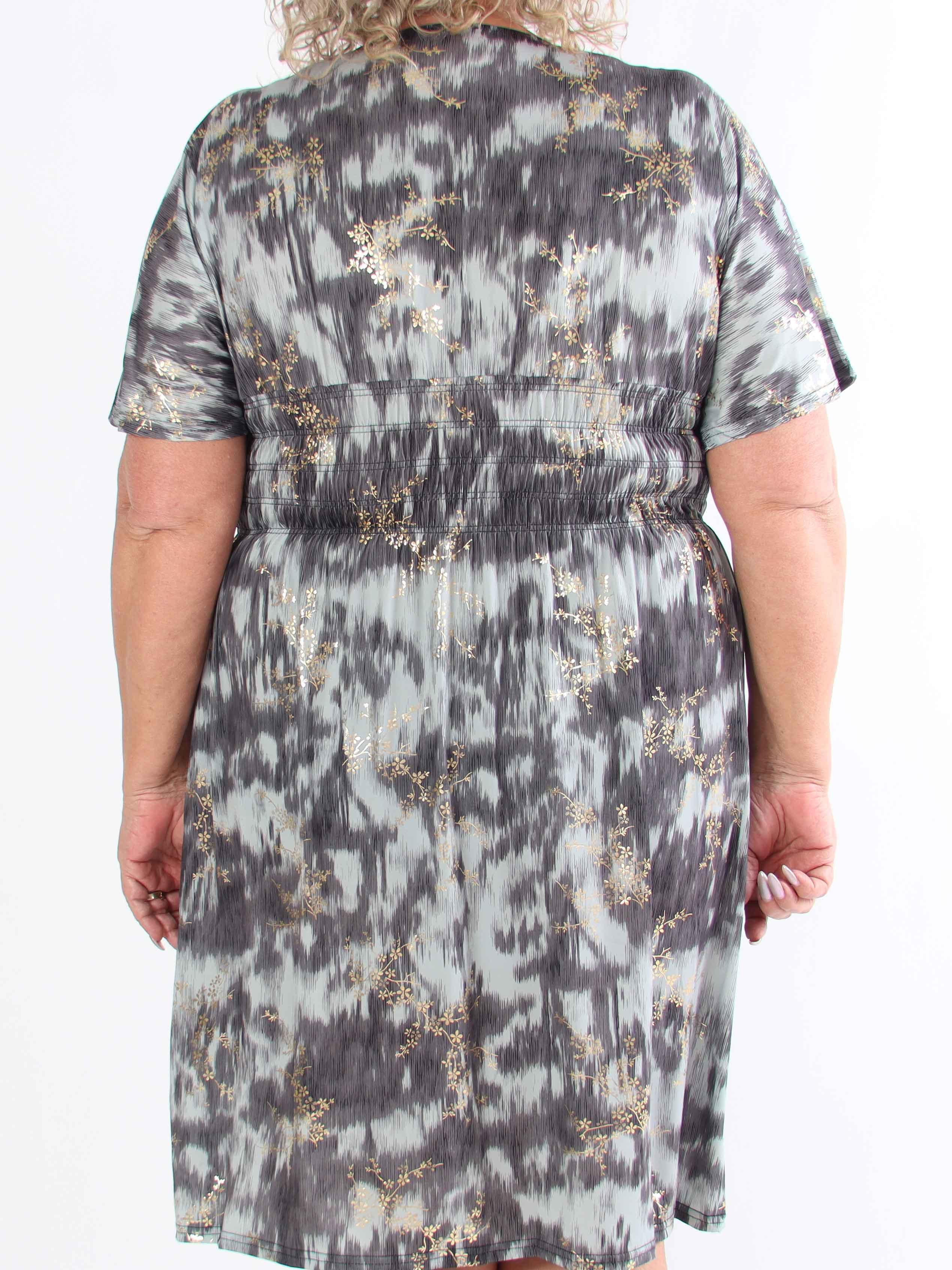 Pams Art Short - Plus size elastisk kjole med guld blomster