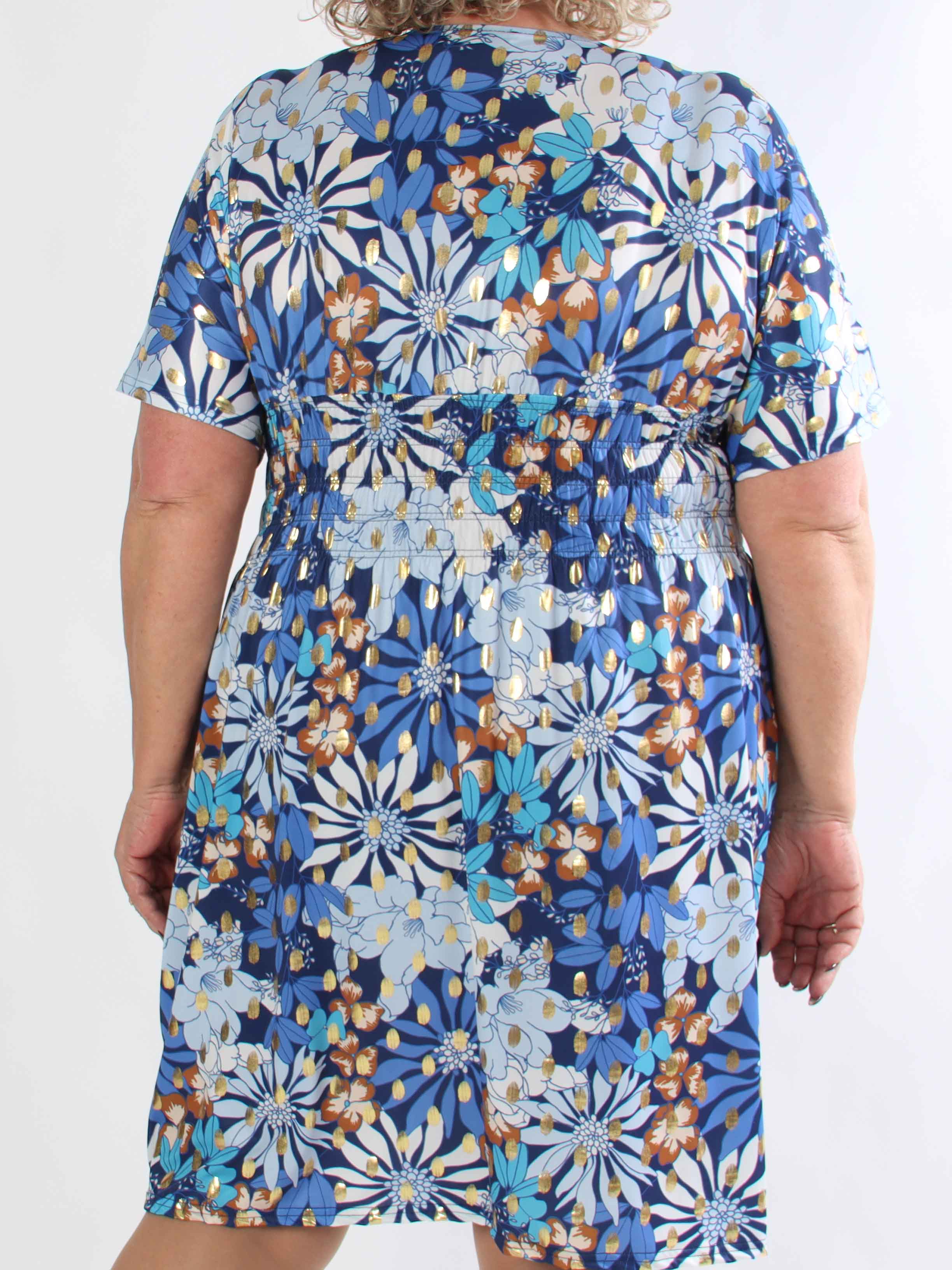 Pams Bloomfall Short - Elastisk plus size kjole med blomstermotiver og guld dutter