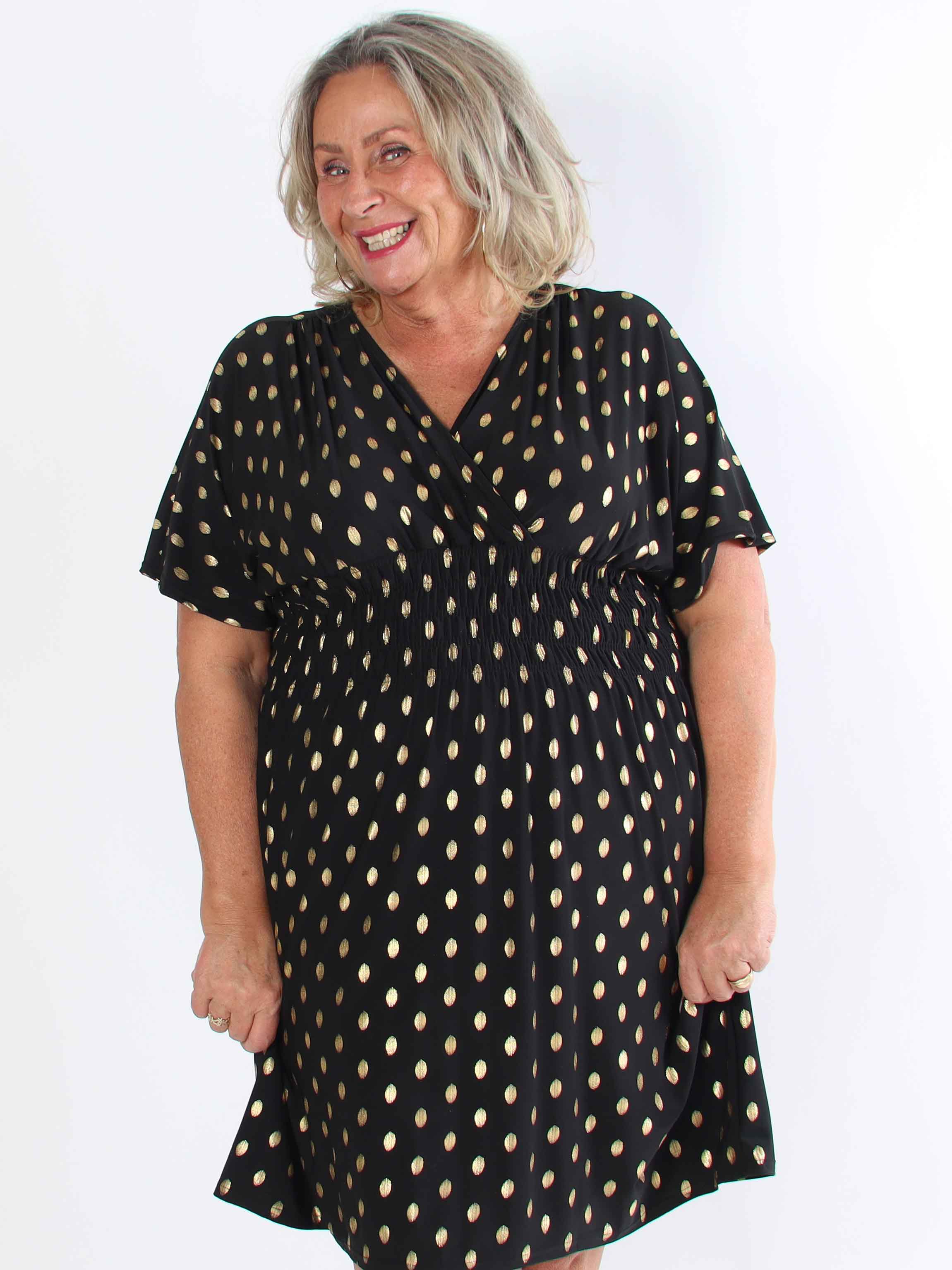 Pams Dot Short - Plus size elastisk kjole med guld prikker