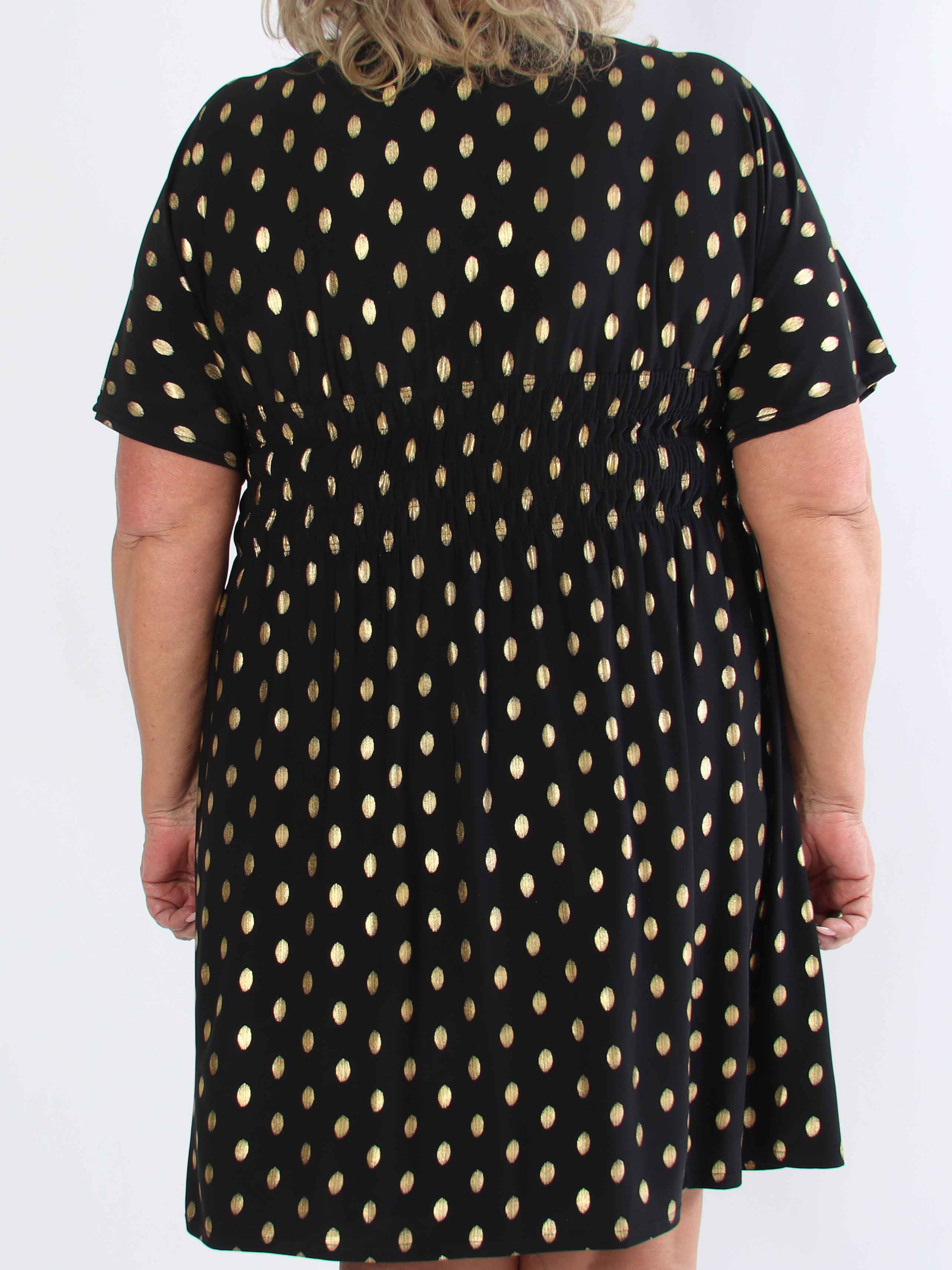Pams Dot Short - Plus size elastisk kjole med guld prikker