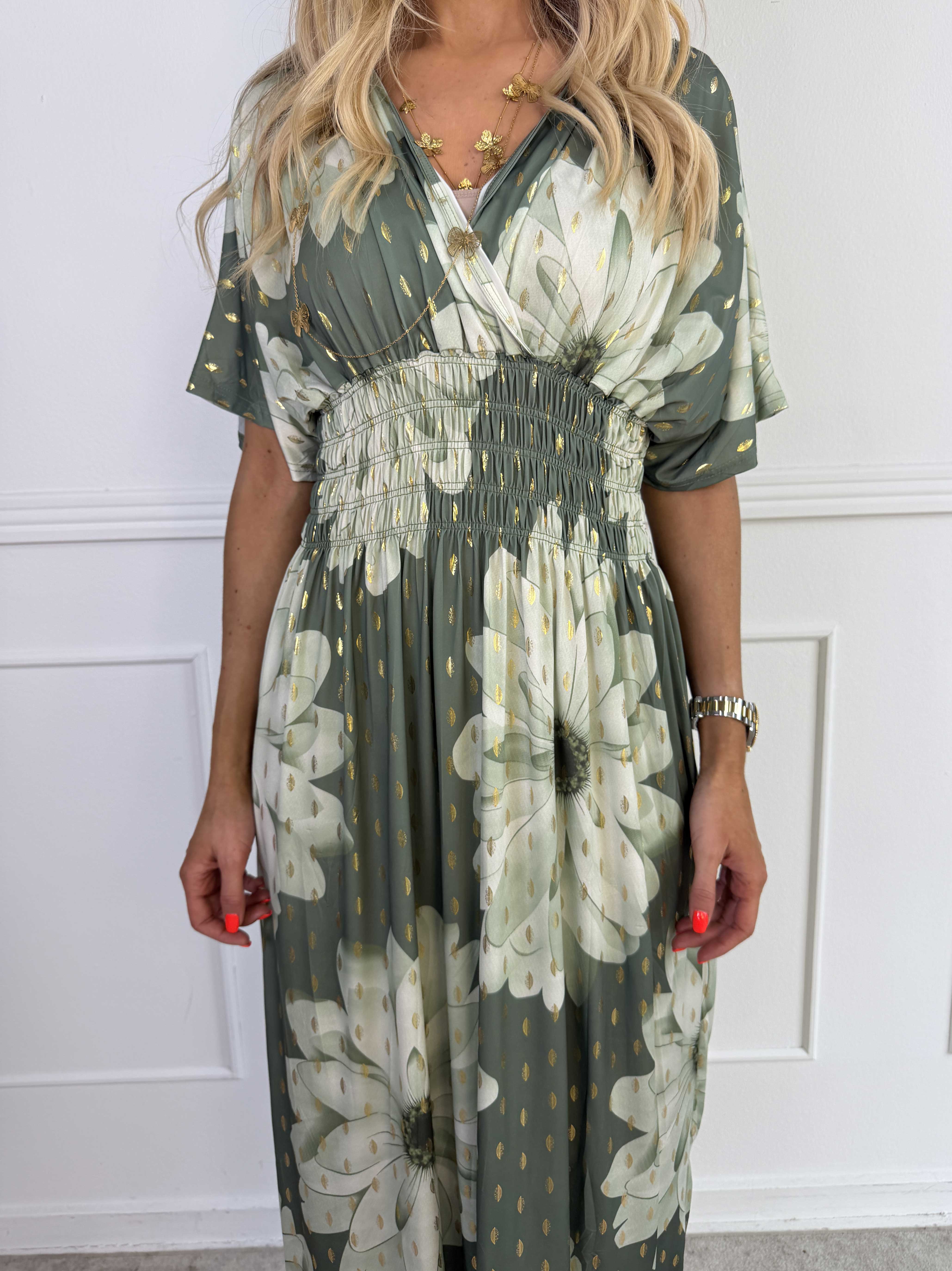 Pams Eden - Lang elastisk kjole med store blomster og guld dutter