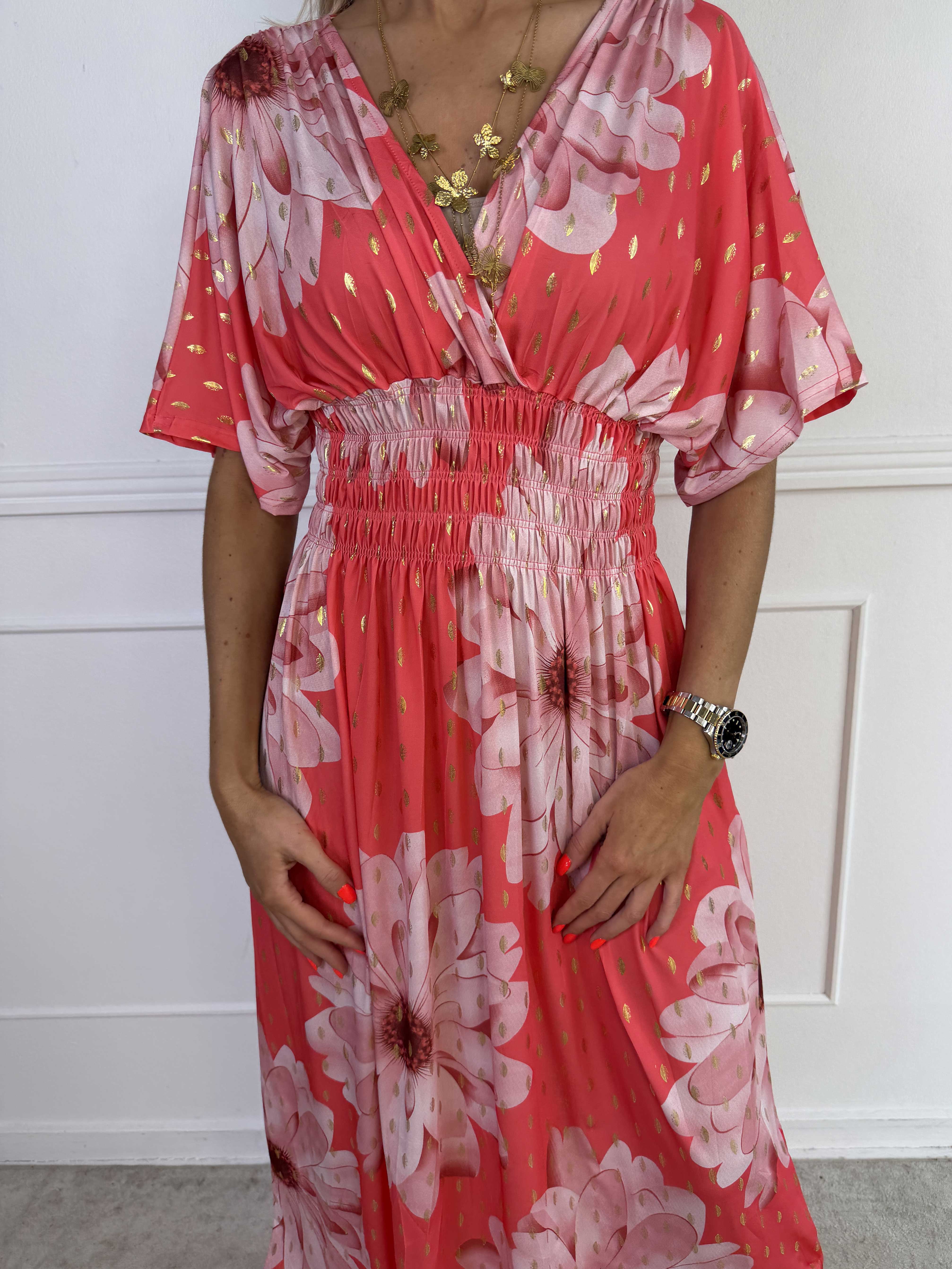 Pams Eden - Lang elastisk kjole med store blomster og guld dutter