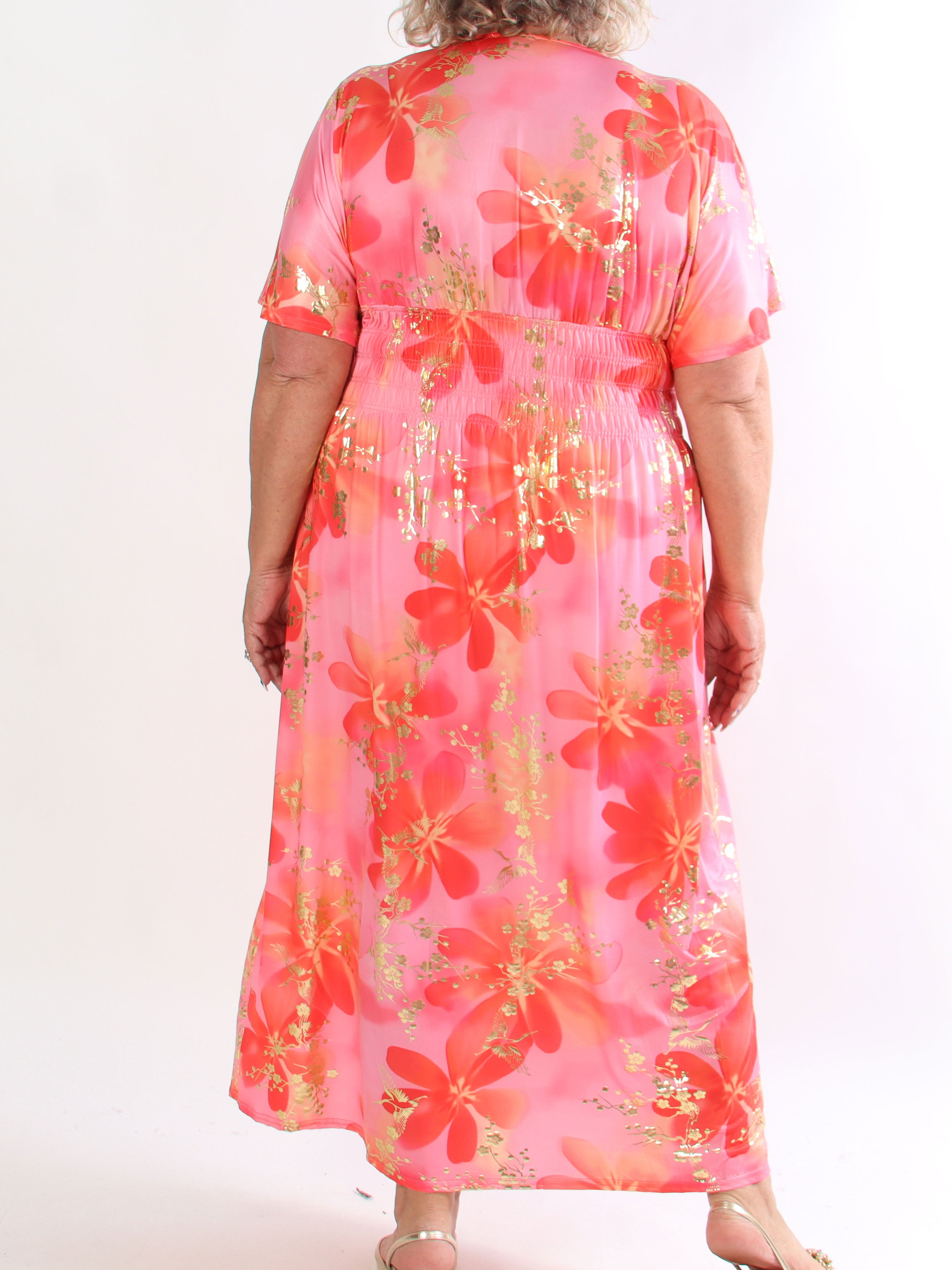 Pams Fleur - Plus size elastisk kjole med smock og japansk inspireret gulddetaljer