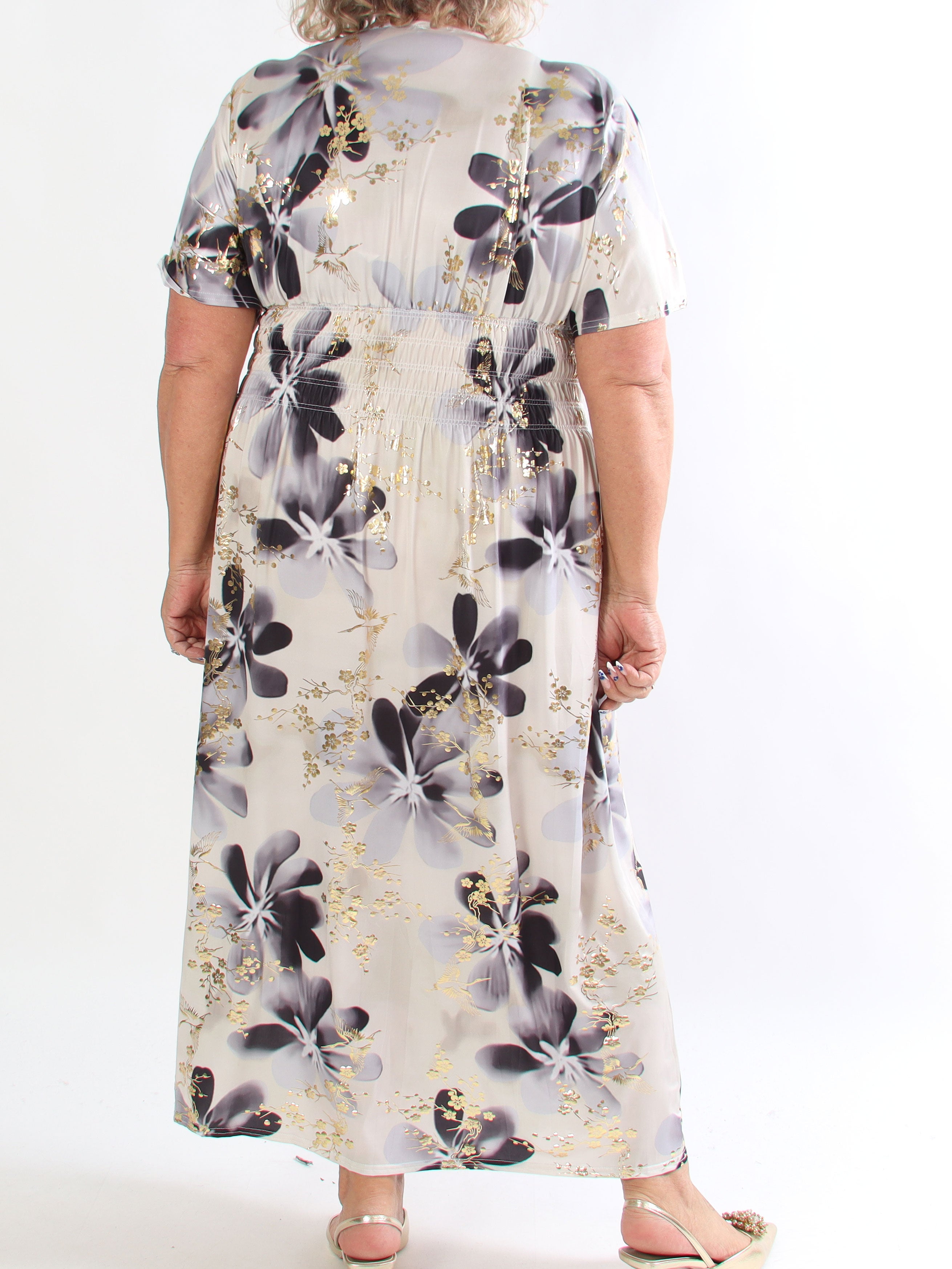 Pams Fleur - Plus size elastisk kjole med smock og japansk inspireret gulddetaljer