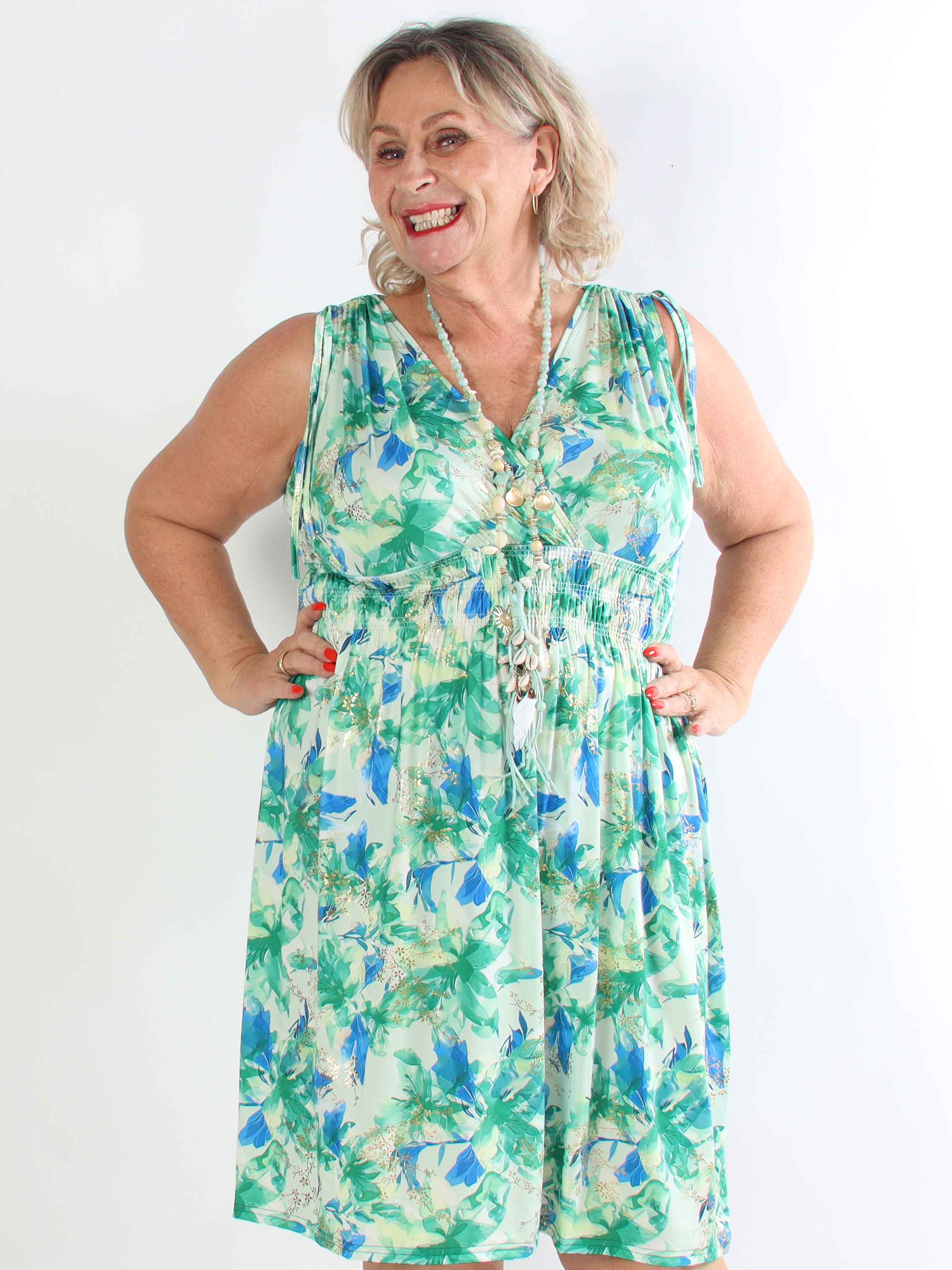 Pams Flourish Short - Elastisk blomstret plus size kjole med guld detaljer