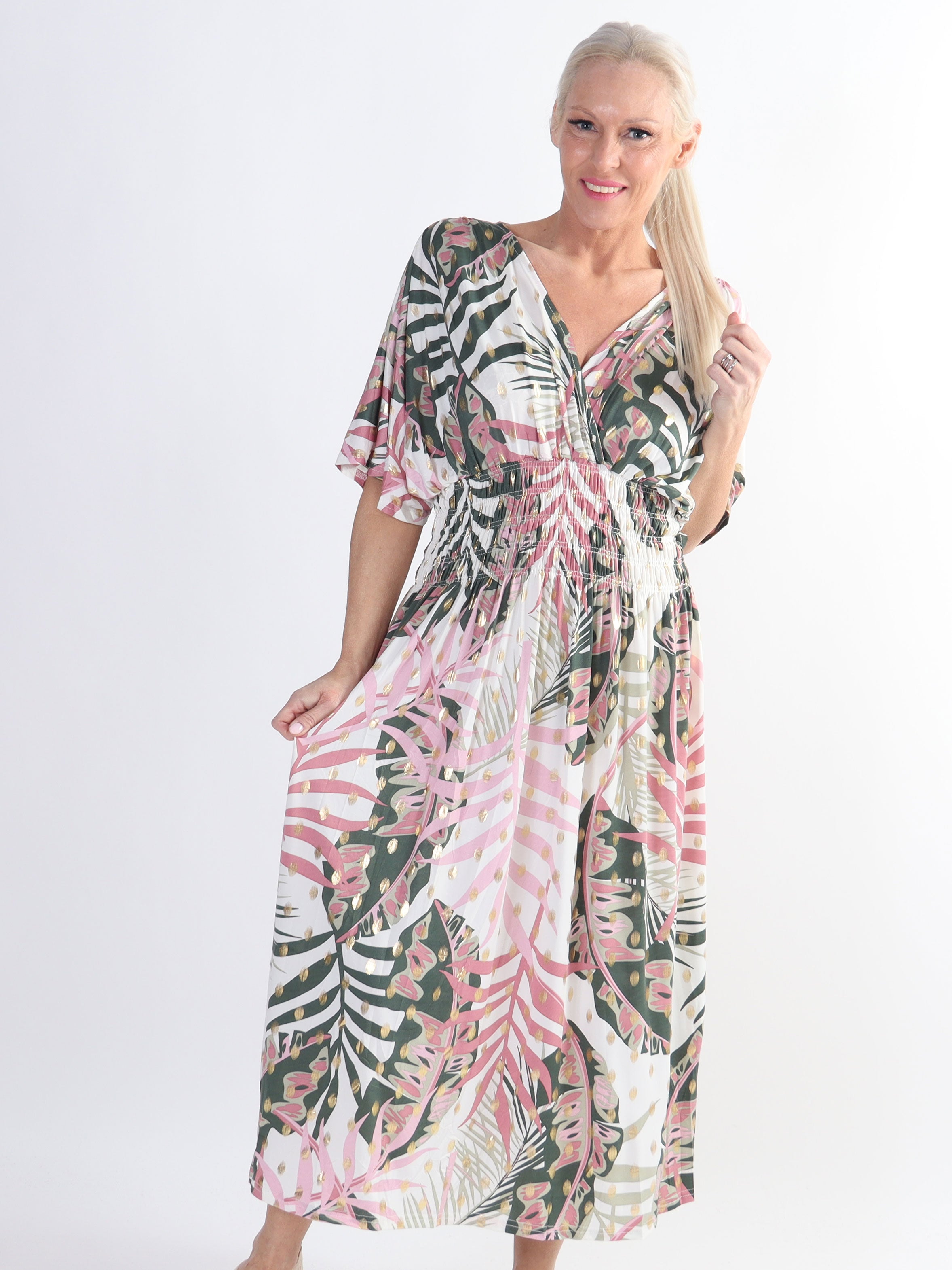 Pams Forest Midi - Elastisk plus size kjole i krølfrit stof