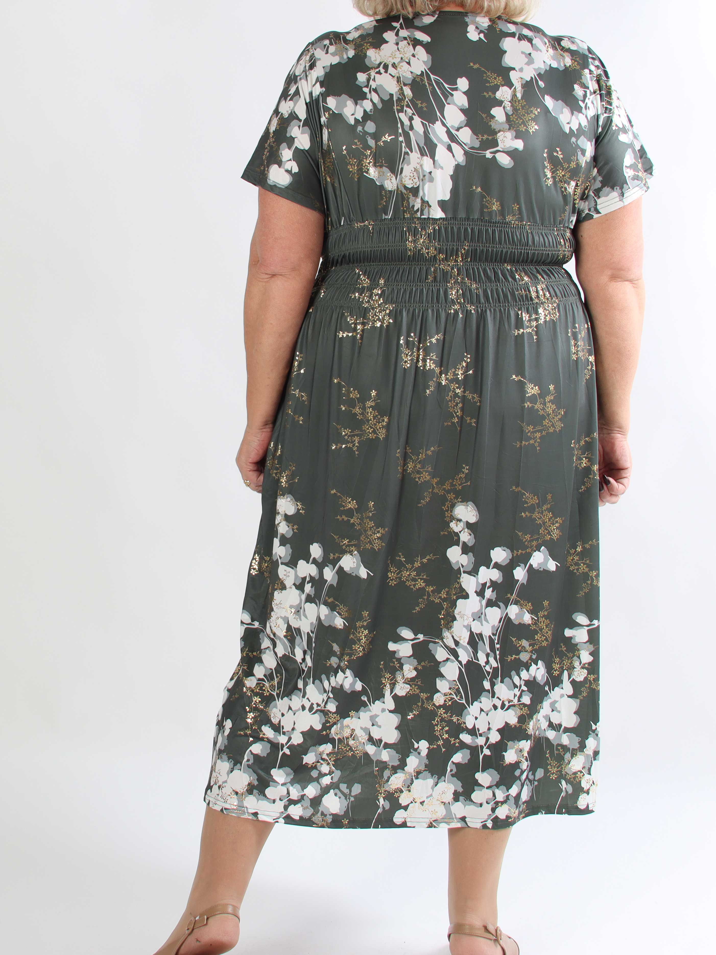 Pams Gilded Midi - Plus size kjole med blomsterprint og guld blade