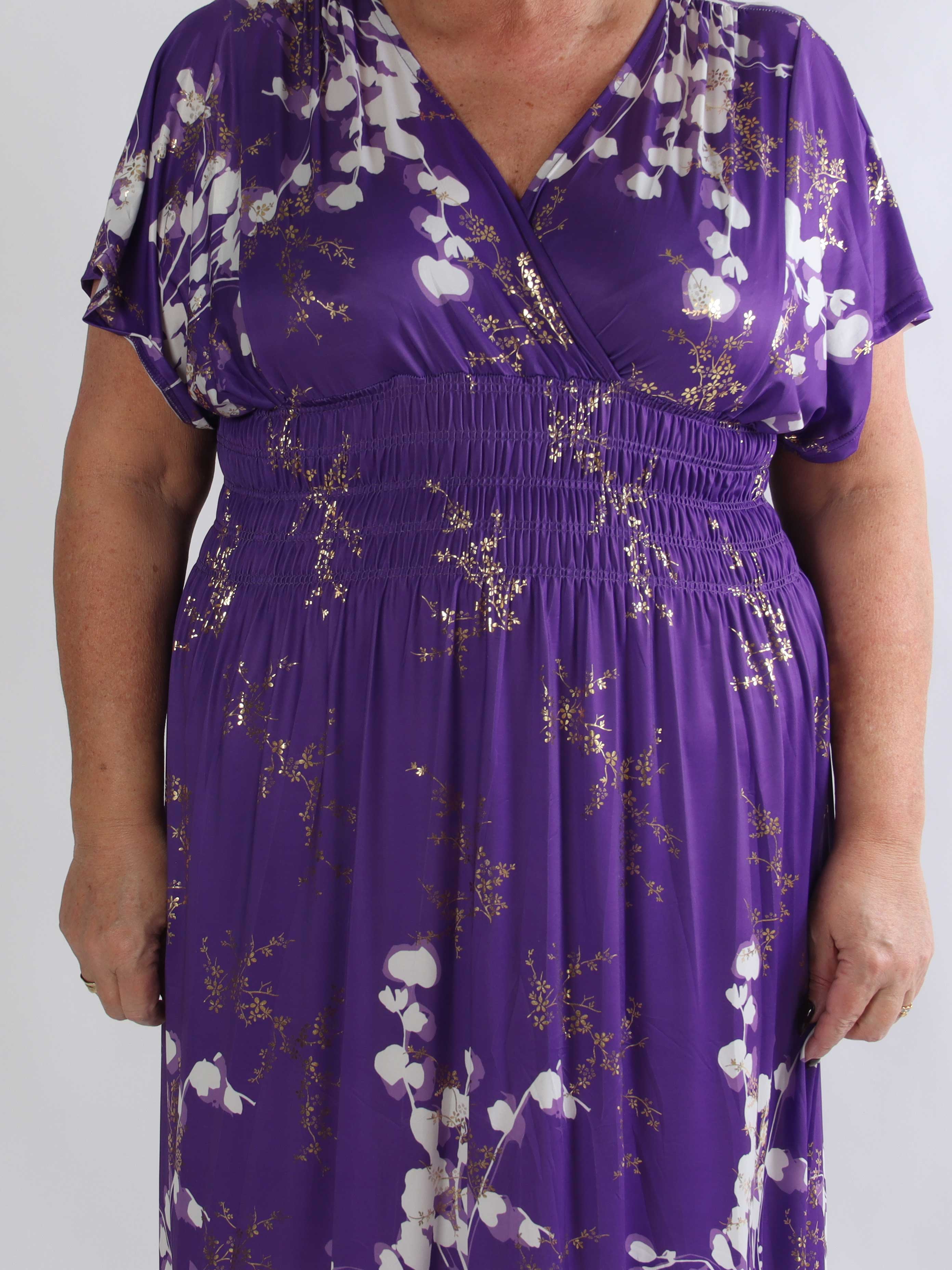 Pams Gilded Midi - Plus size kjole med blomsterprint og guld blade