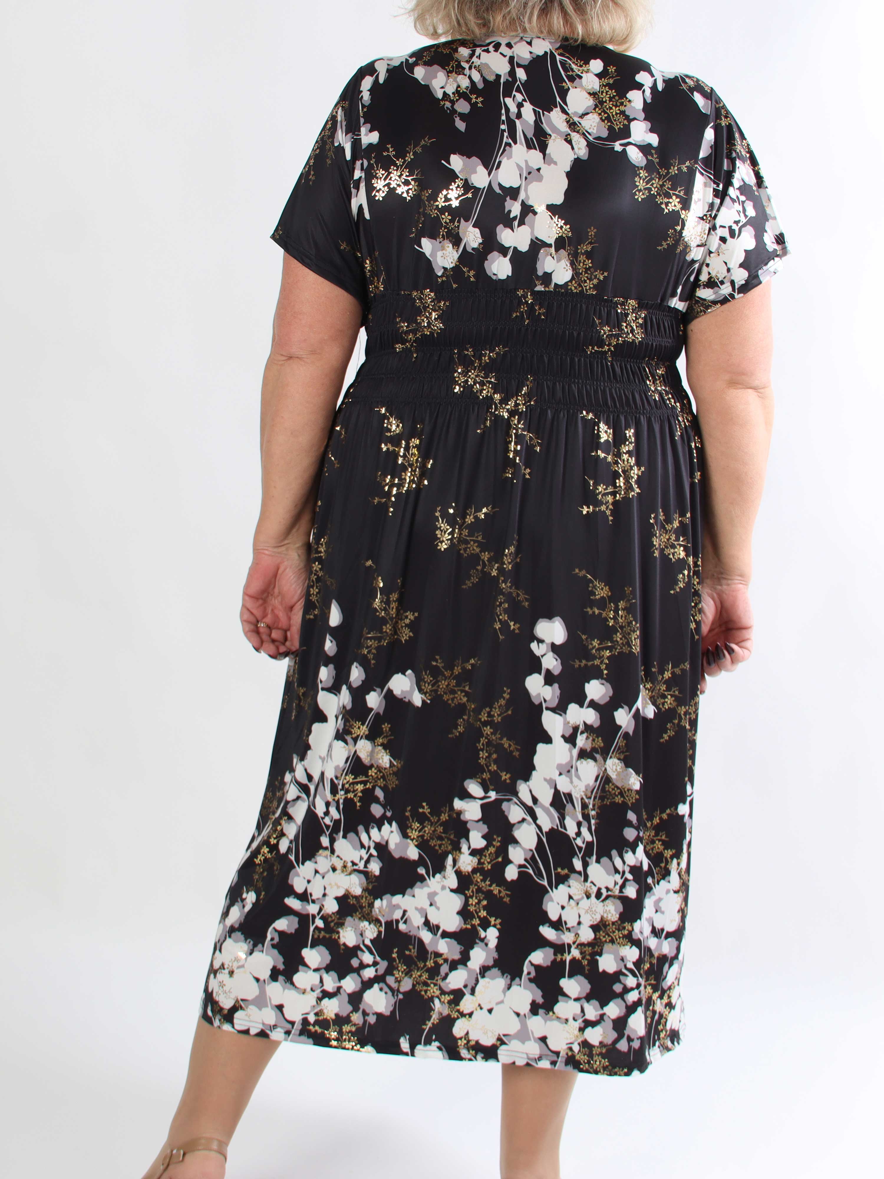 Pams Gilded Midi - Plus size kjole med blomsterprint og guld blade