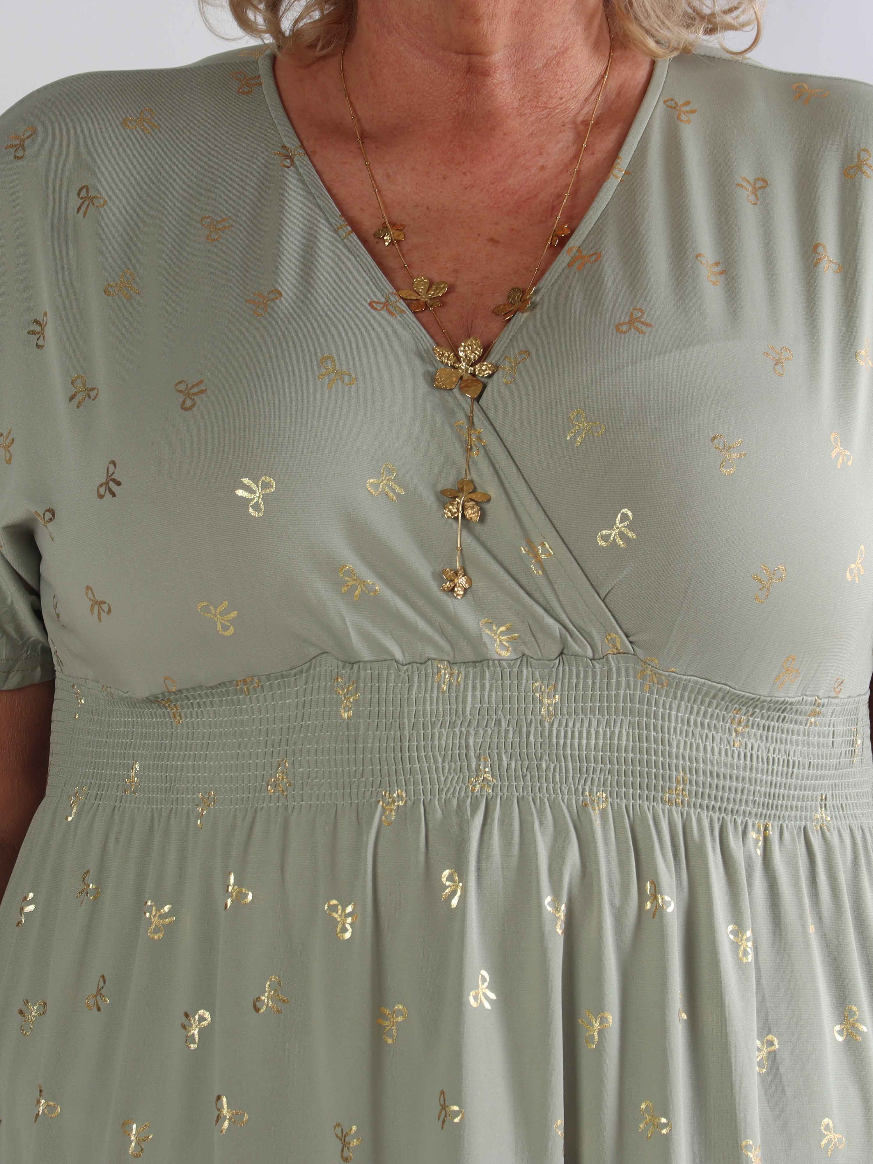 Pams Gold Bow Short - Plus size kjole med smock i livet og fine guld sløjfer
