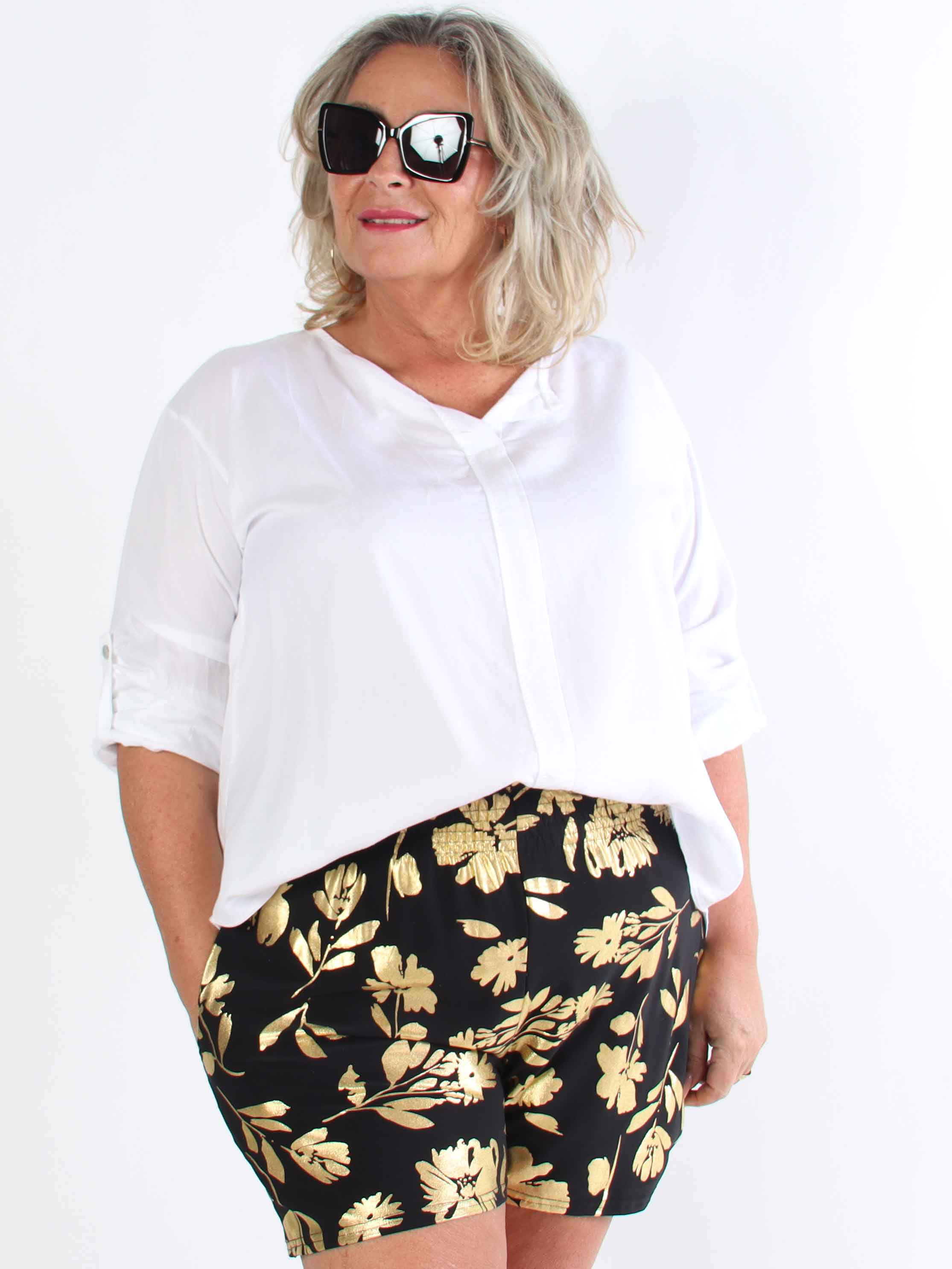 Pams Gold Flower Shorts - Elastiske plus size shorts med guld blade
